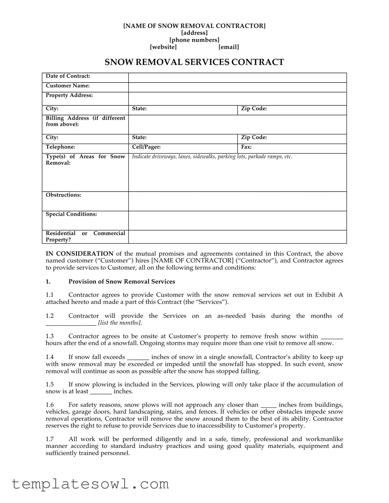 Fill Out Your Snow Removal Contract Form