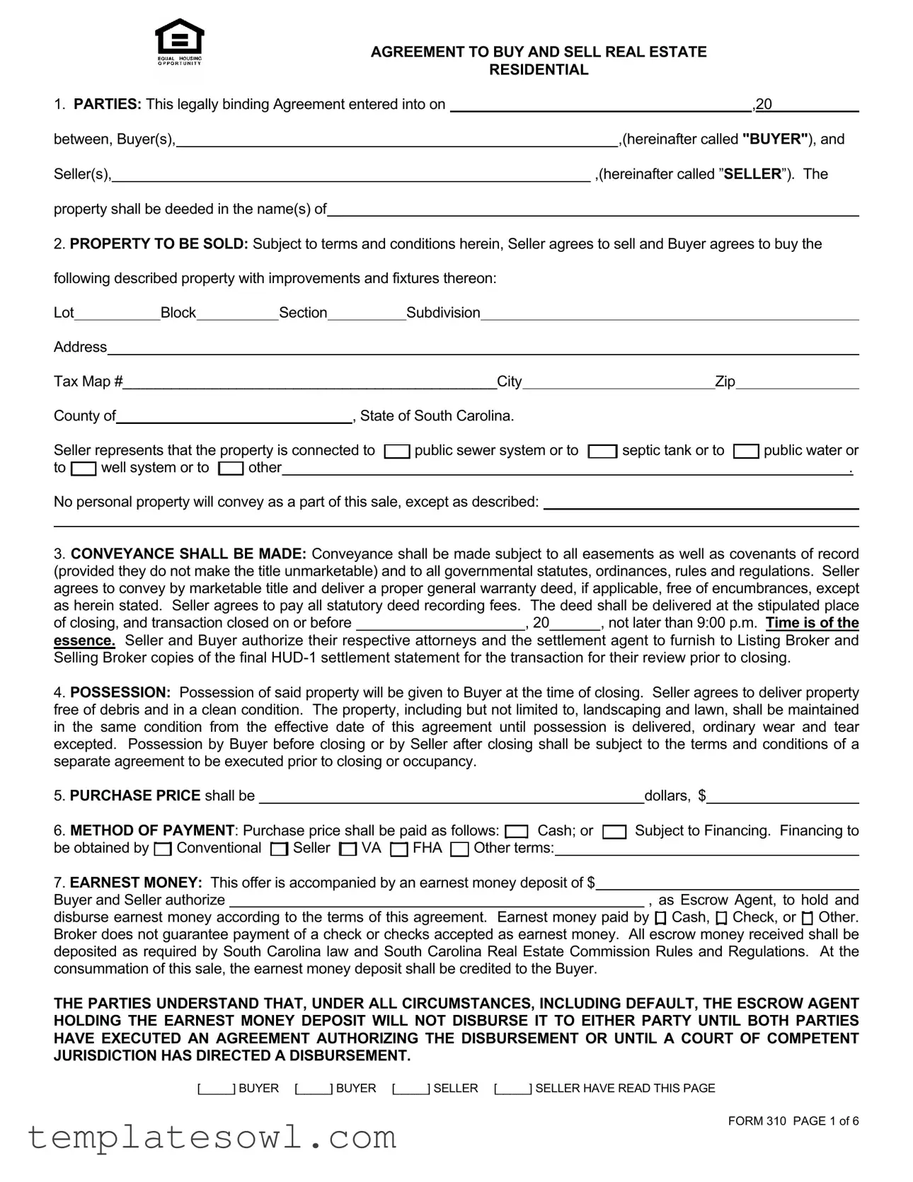 Fill Out Your South Carolina Real Estate Contract 310 Form