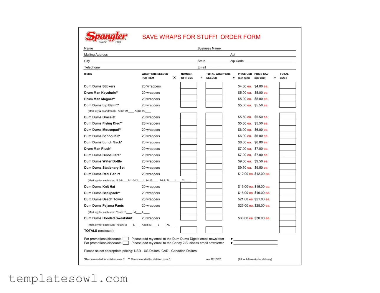 Fill Out Your Spangler Order Form