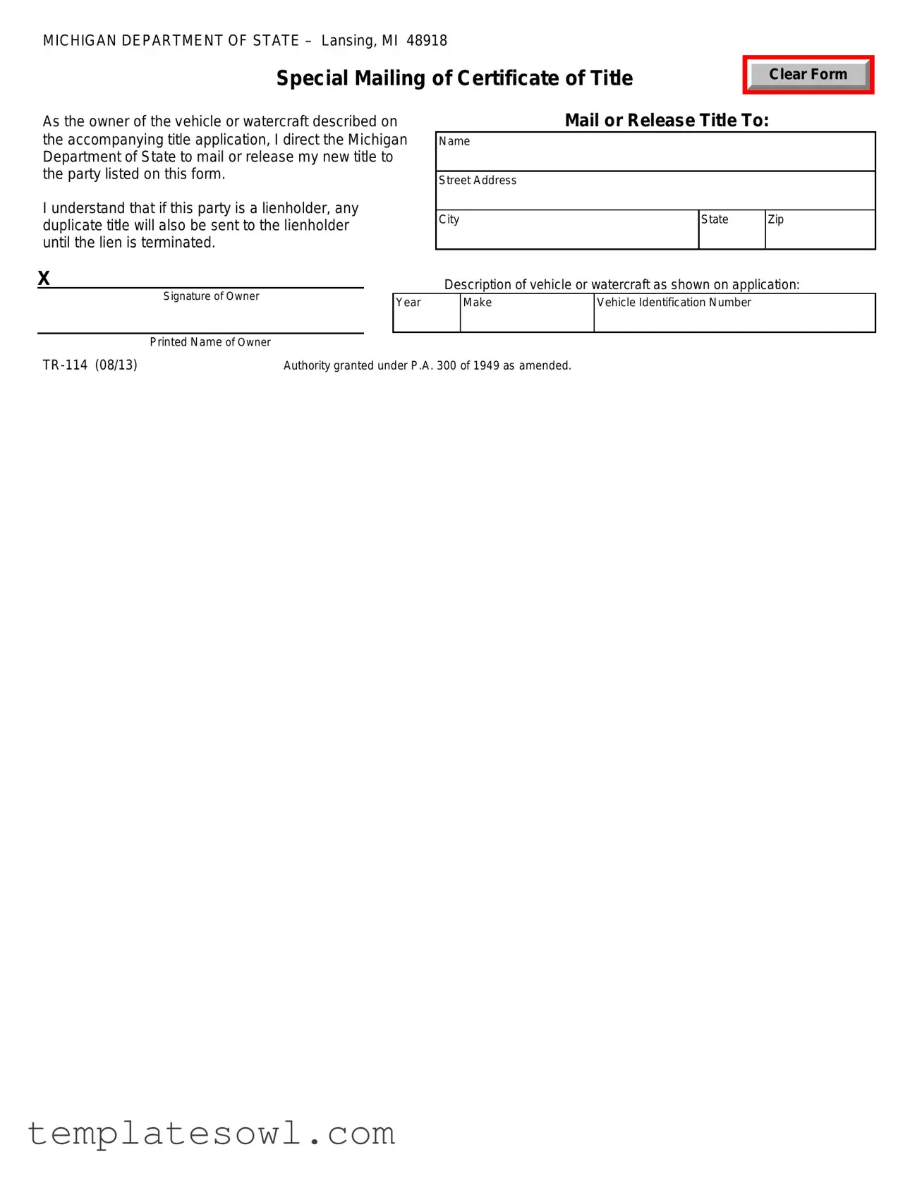 Fill Out Your Special Mailing Certificate Title Form