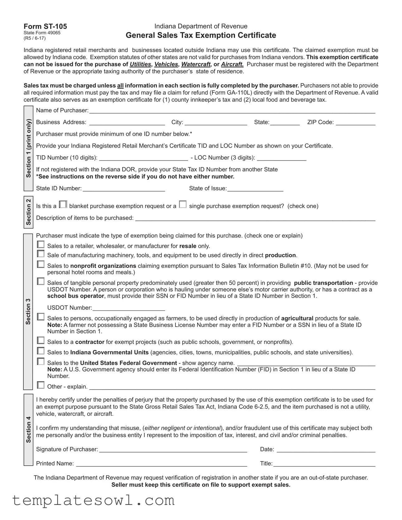 Fill Out Your St 105 Indiana Form