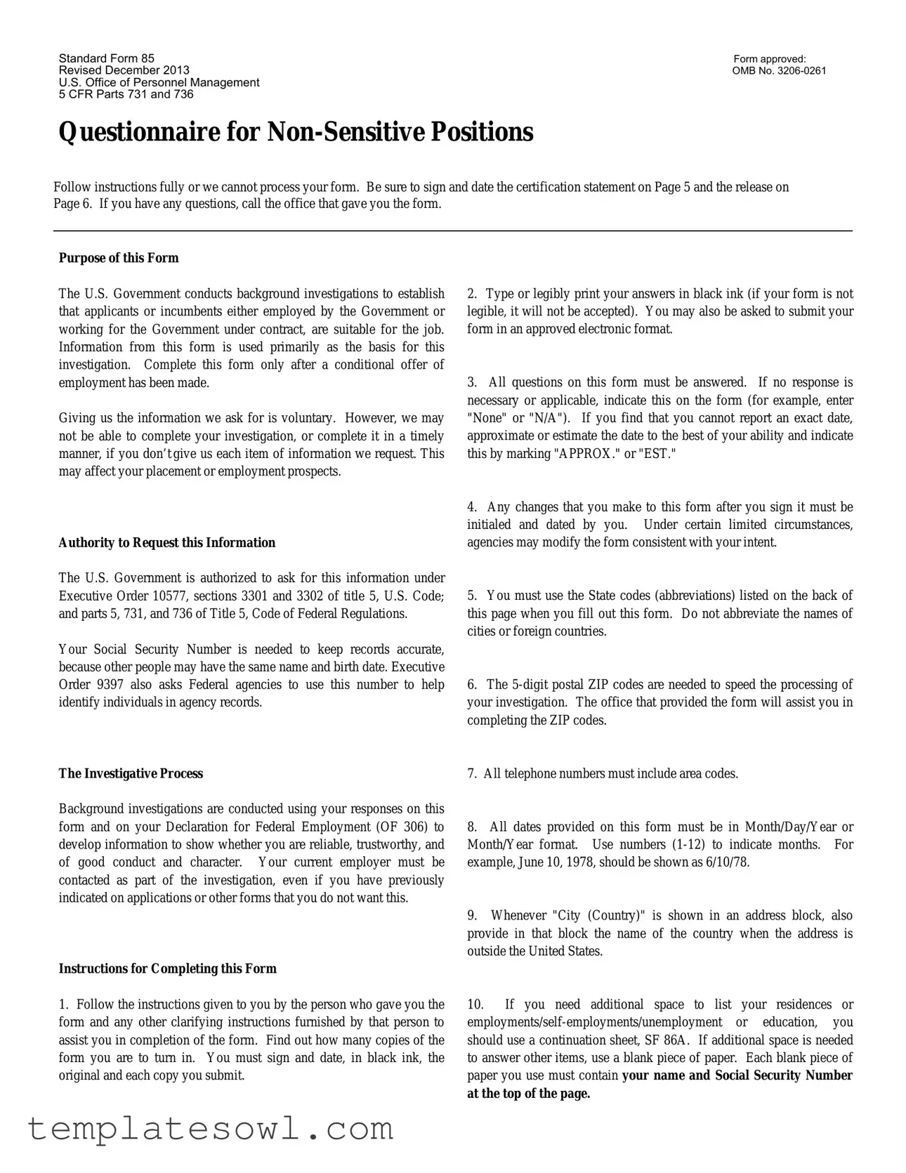 Fill Out Your Standard 85 Form