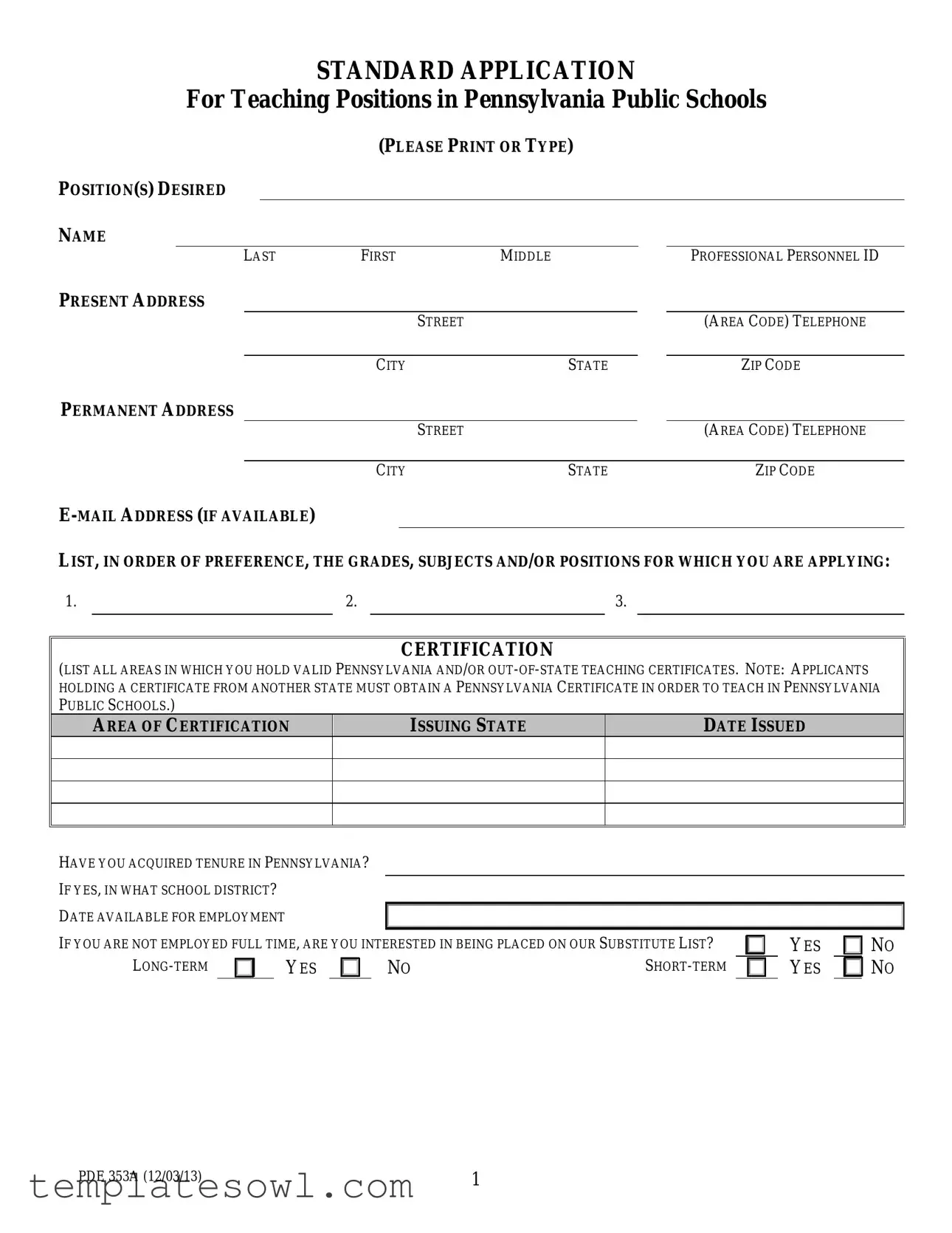 Fill Out Your Standard Pa Application Form