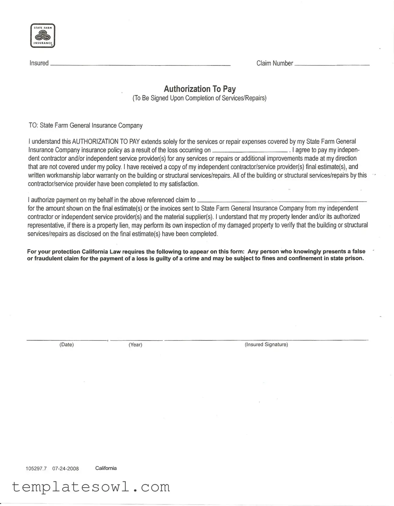 Fill Out Your State Farm Authorization To Pay Form