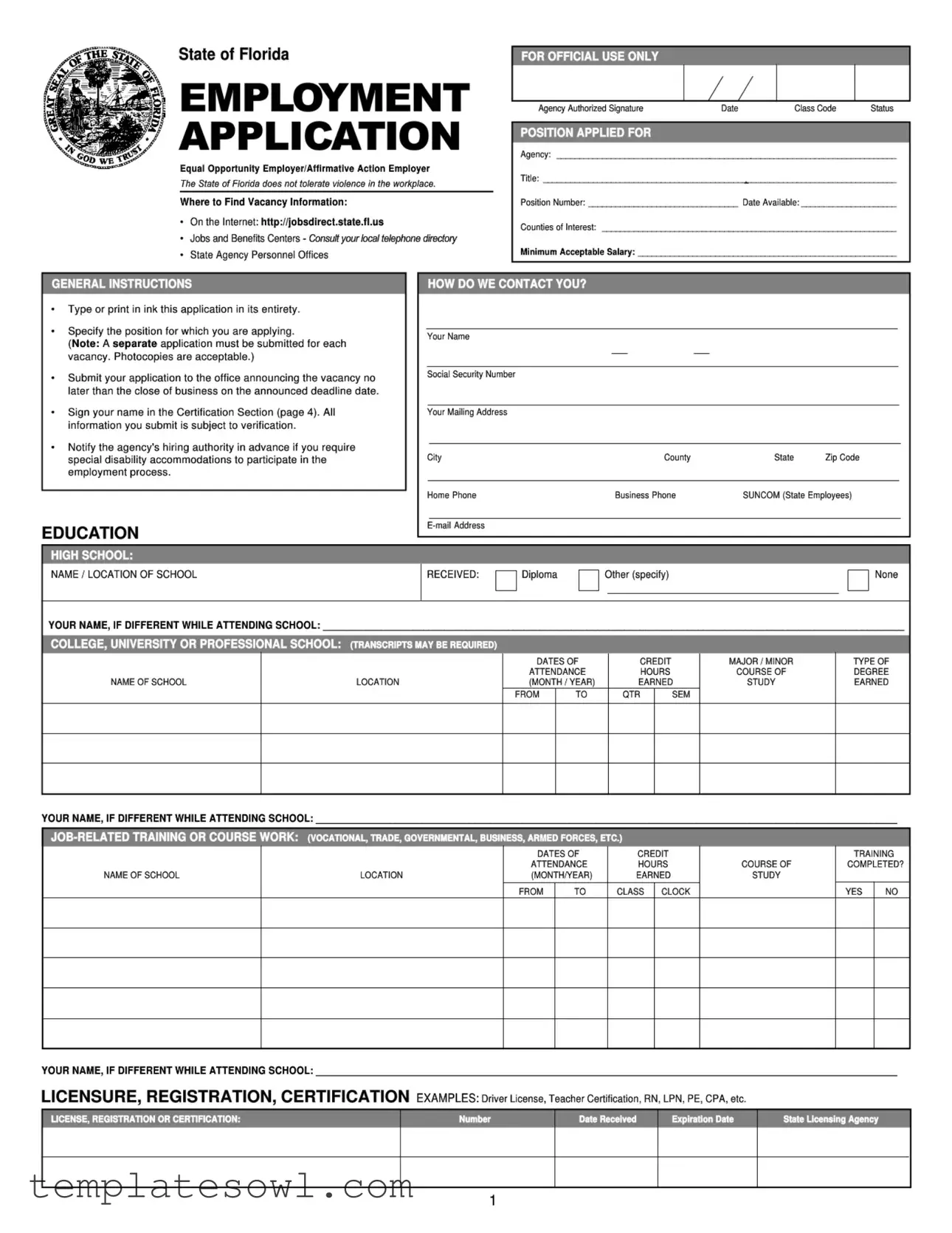 Fill Out Your State Florida Employment Application Form