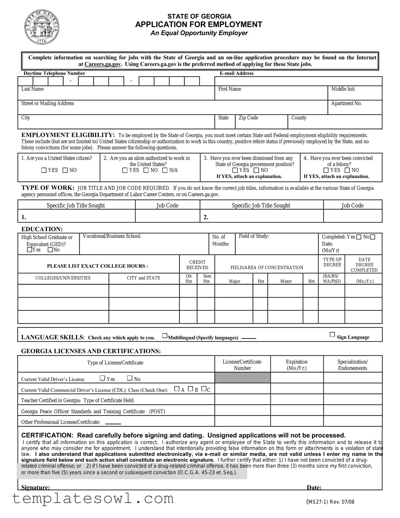 Fill Out Your State Of Georgia Application Ms27 1 Form