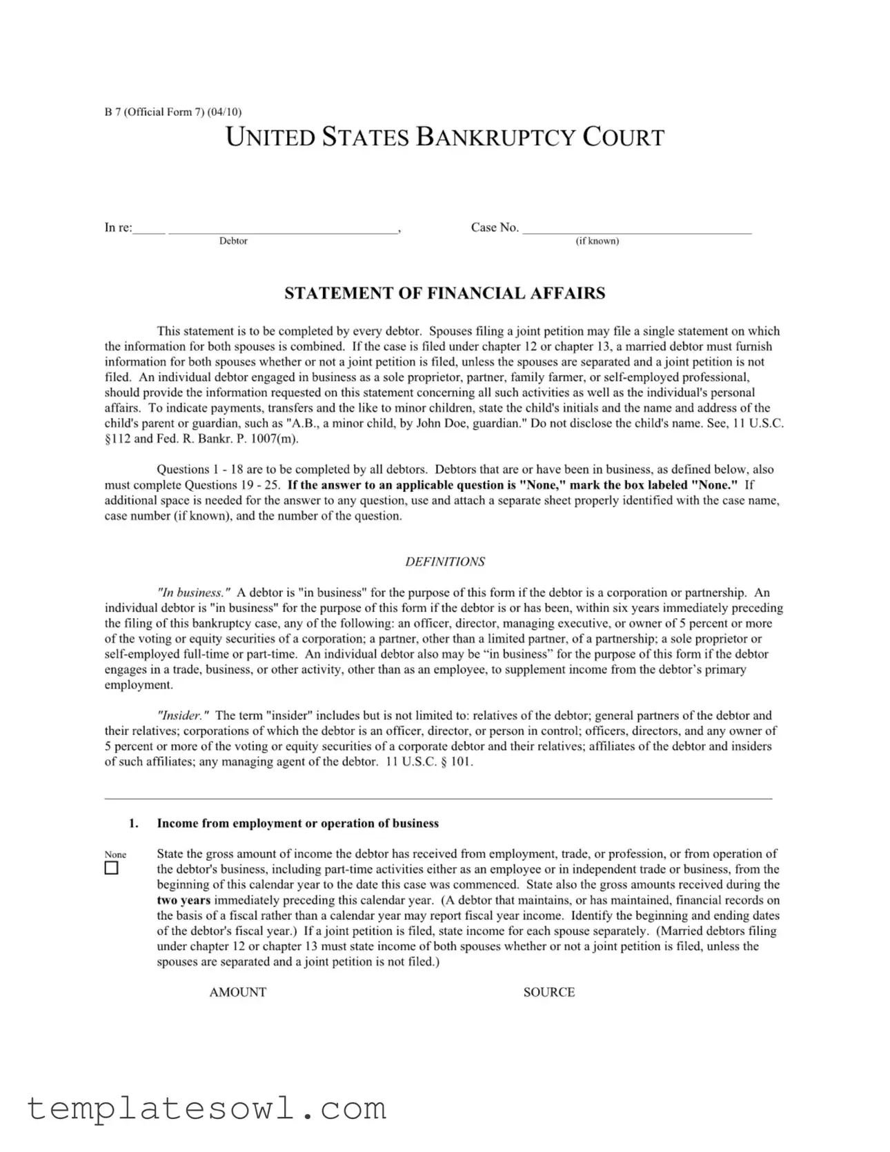 Fill Out Your Statement Affairs Form