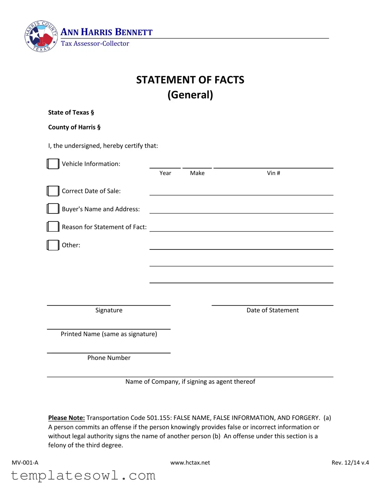 Fill Out Your Statement Of Fact Texas Form