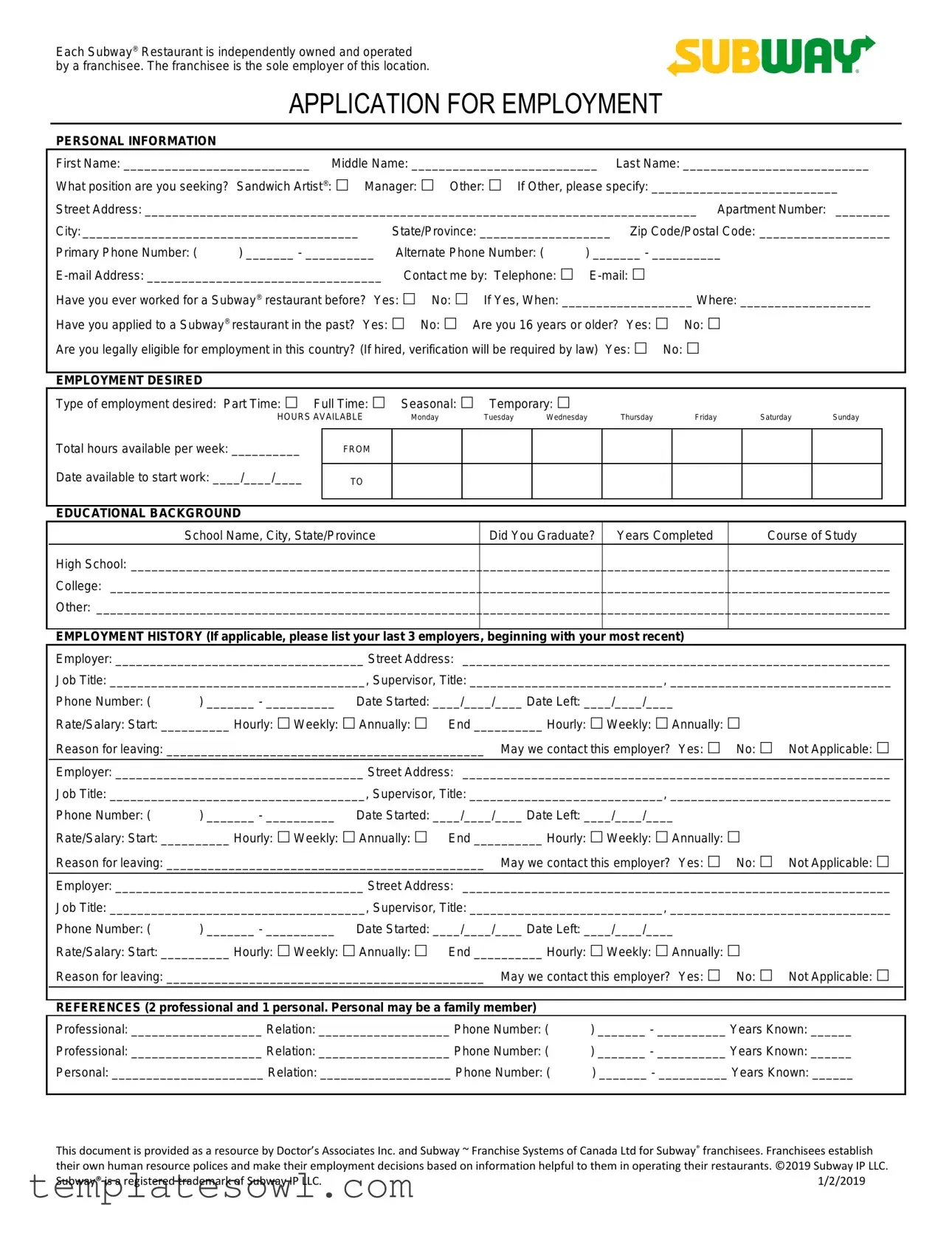 Fill Out Your Subway Employment Application Form