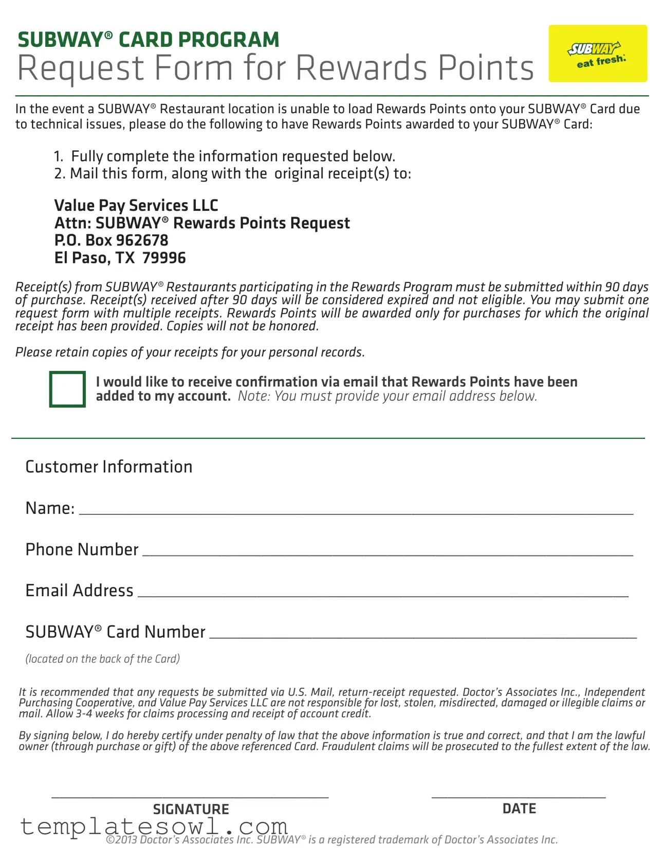 Fill Out Your Subway Points Form