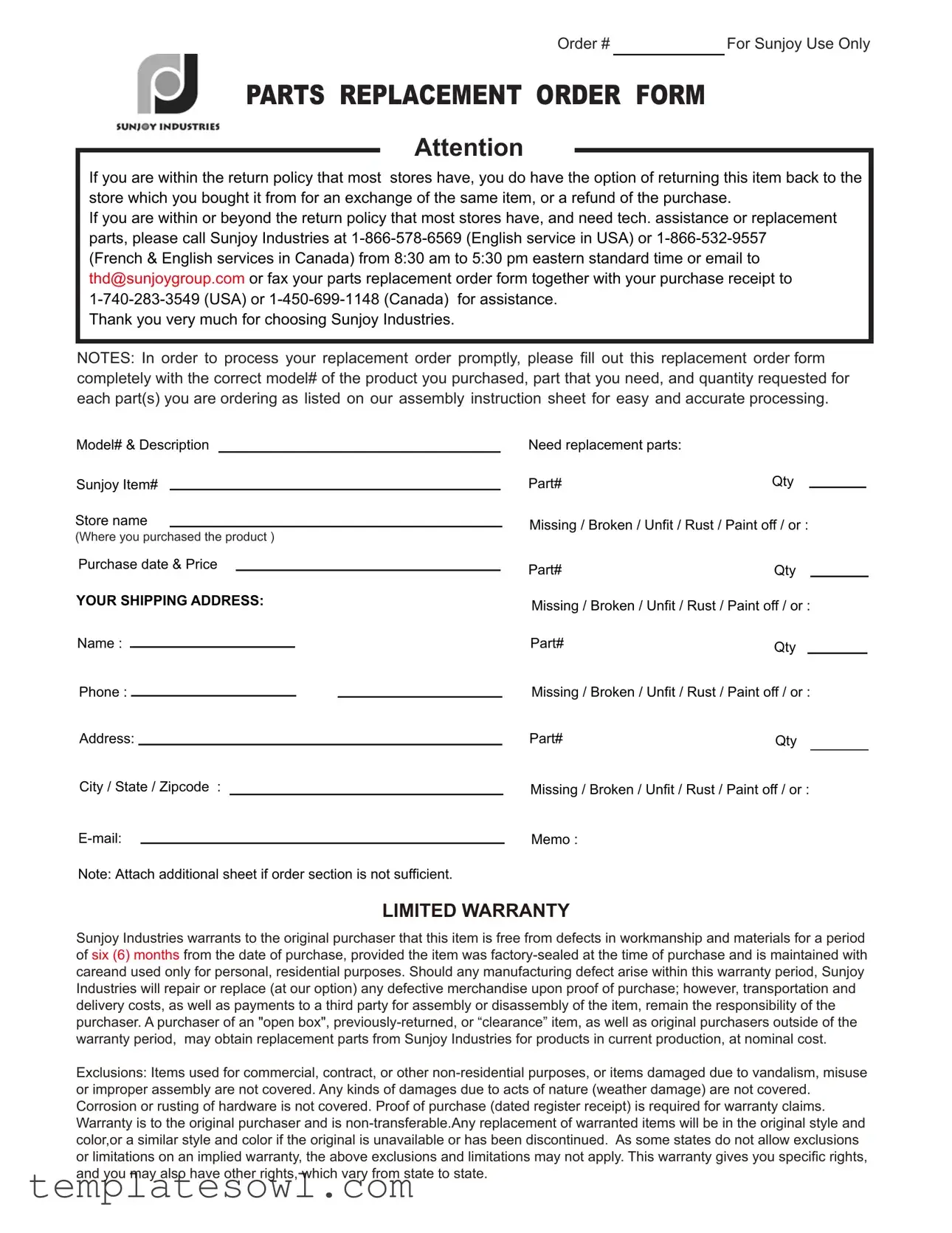 Fill Out Your Sunjoy Parts Order Form