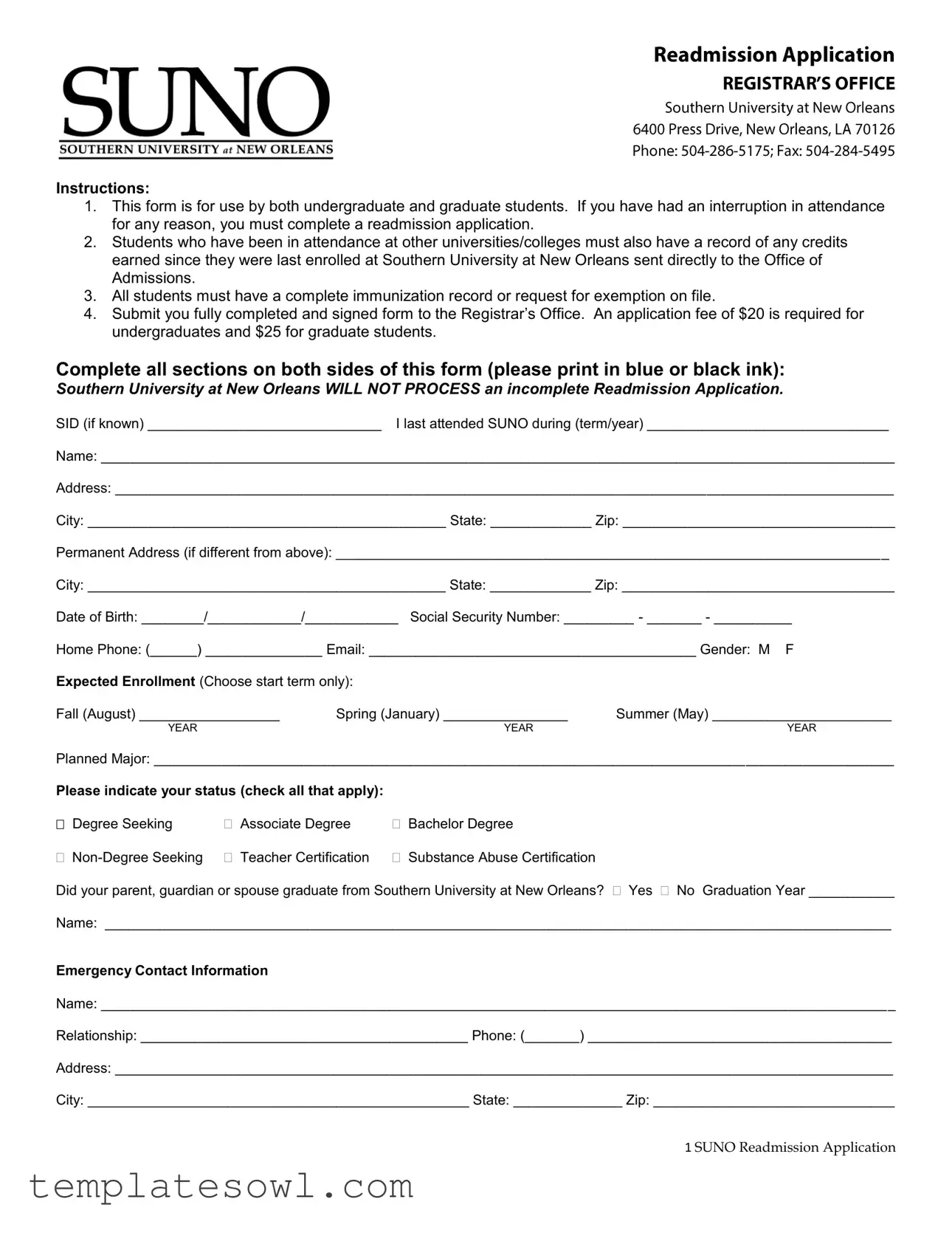 Fill Out Your Suno Readmission Application Form