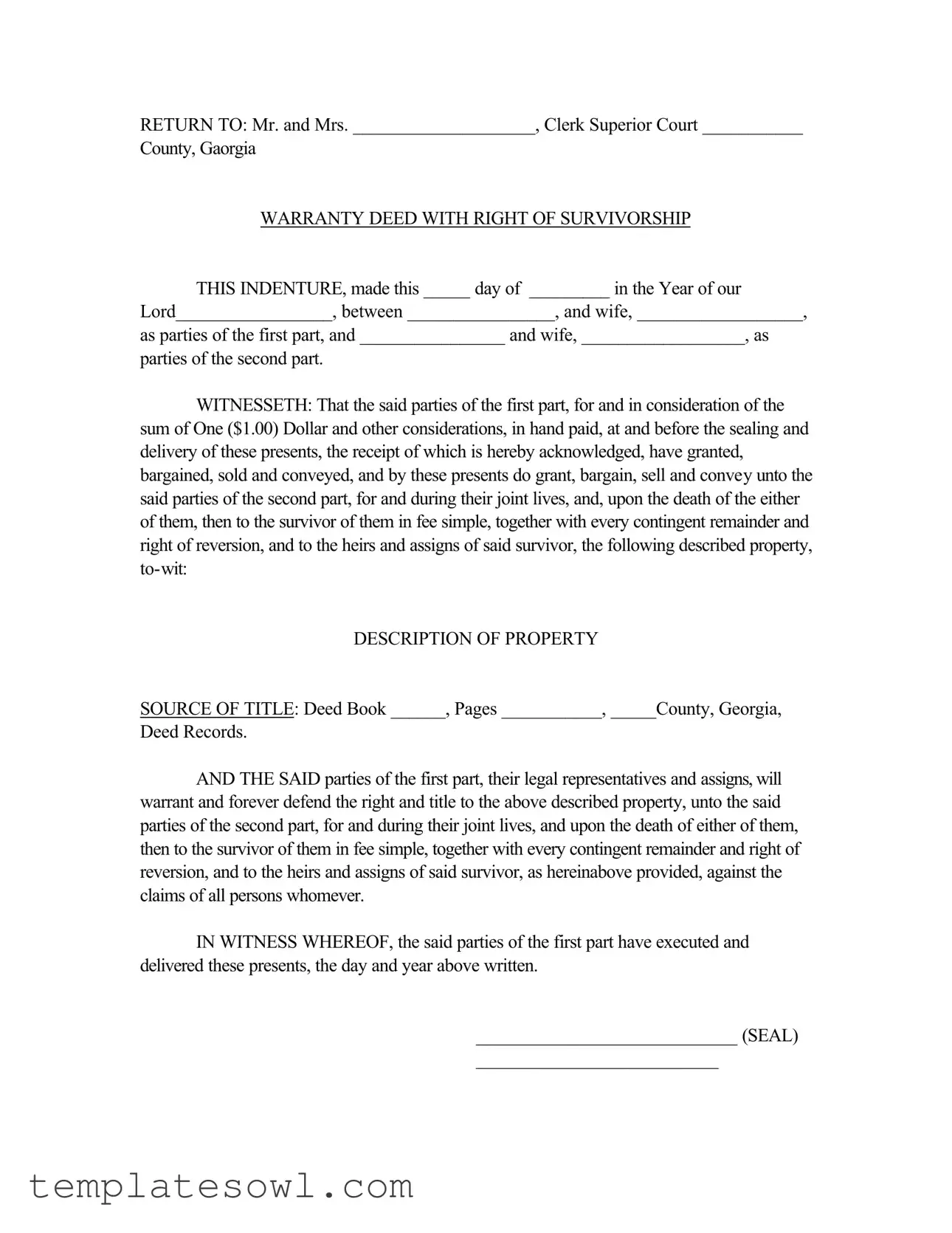 Fill Out Your Survivorship Deed Sample Form