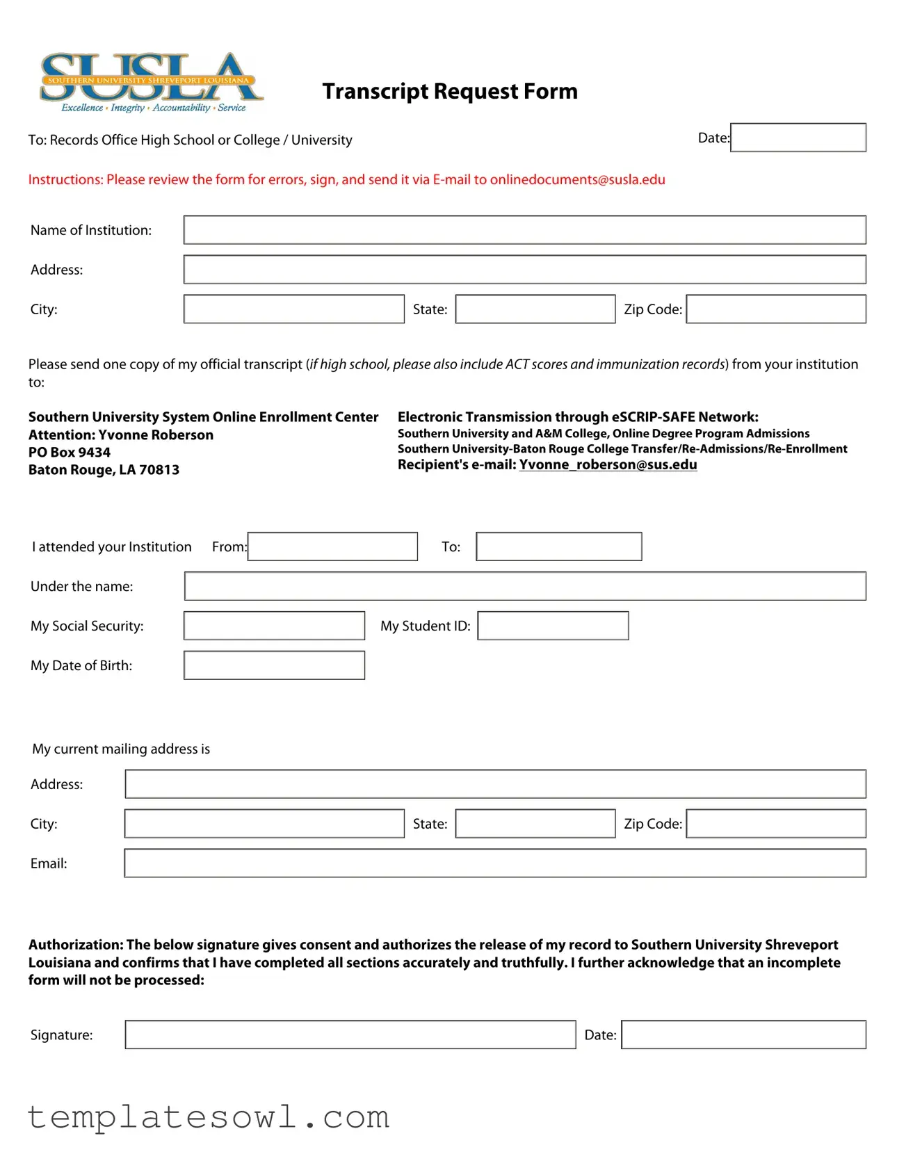 Fill Out Your Susla Transcript Request Form