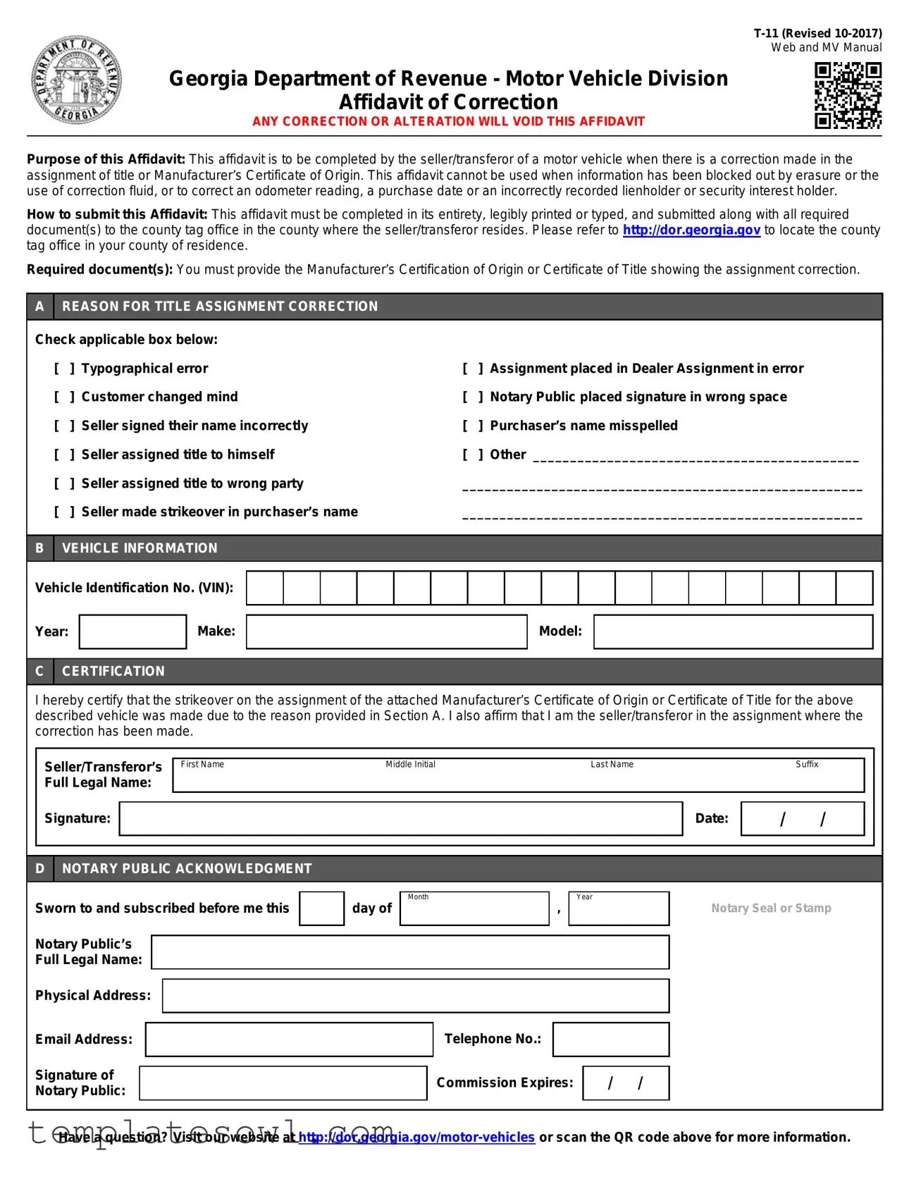 Fill Out Your T11 Affidavit Of Correction Form