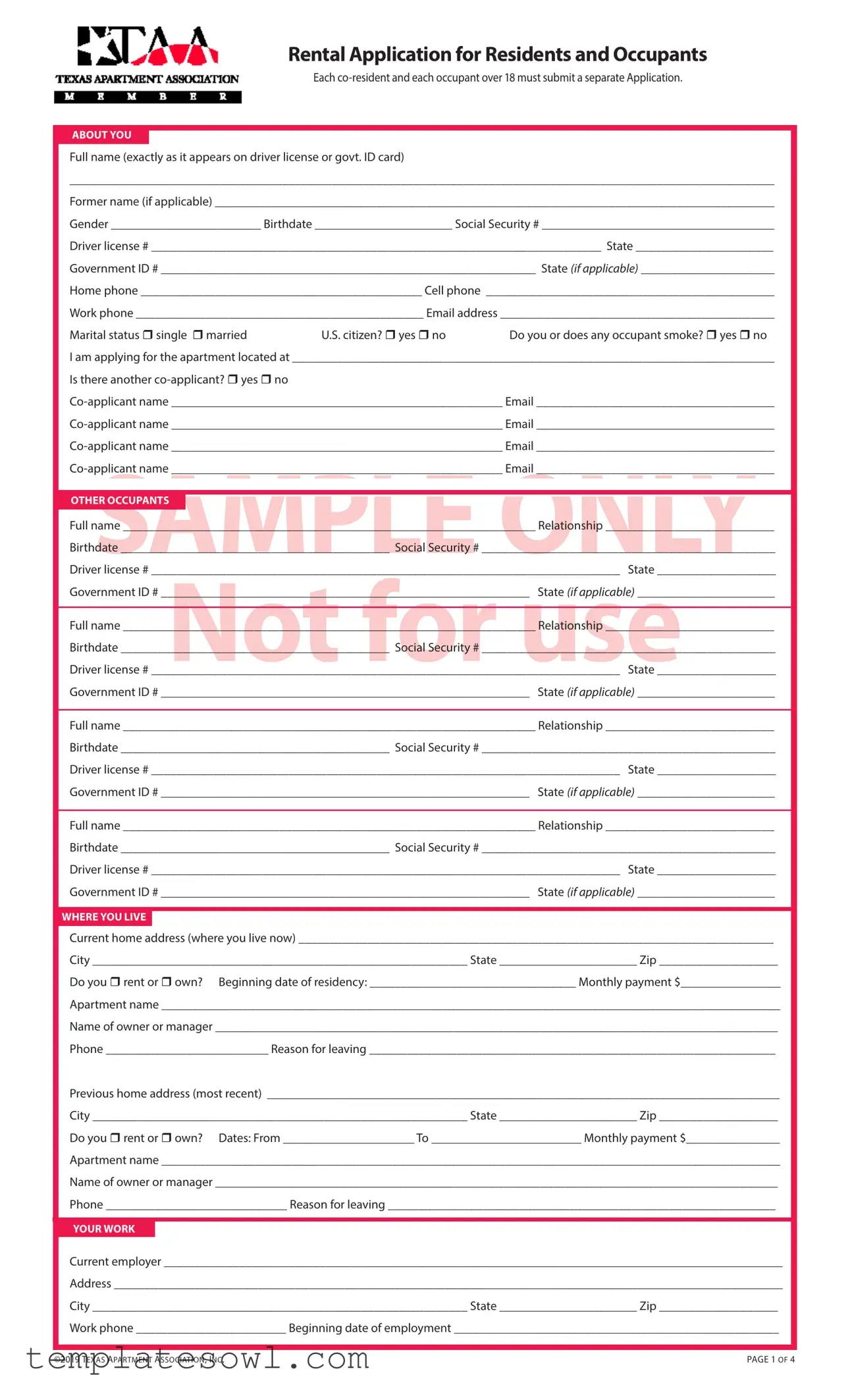 Fill Out Your Taa Rental Application Form