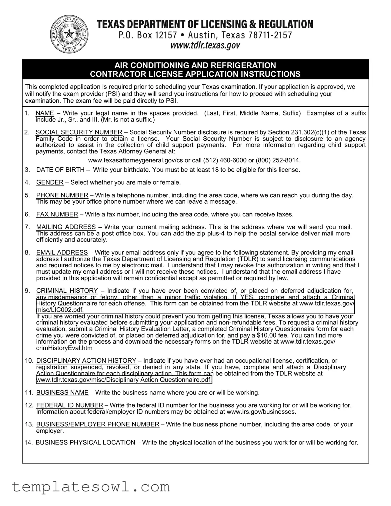 Fill Out Your Tdlr Contractors License Form