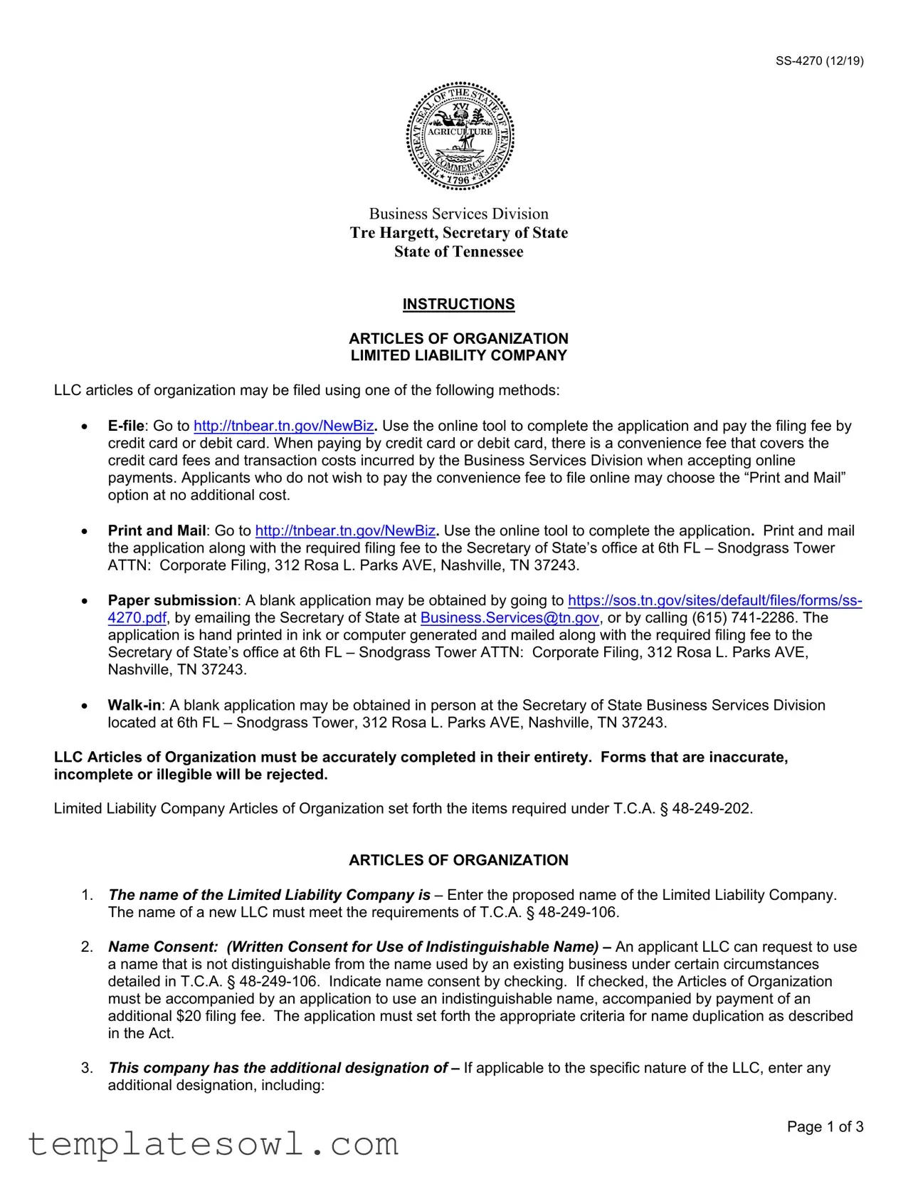 Fill Out Your Tennessee Articles Organization Form