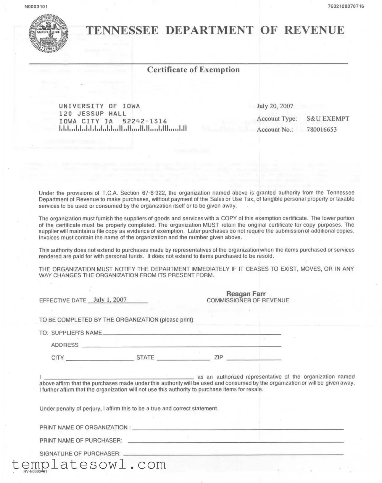 Fill Out Your Tennessee Exemption Certificate Form