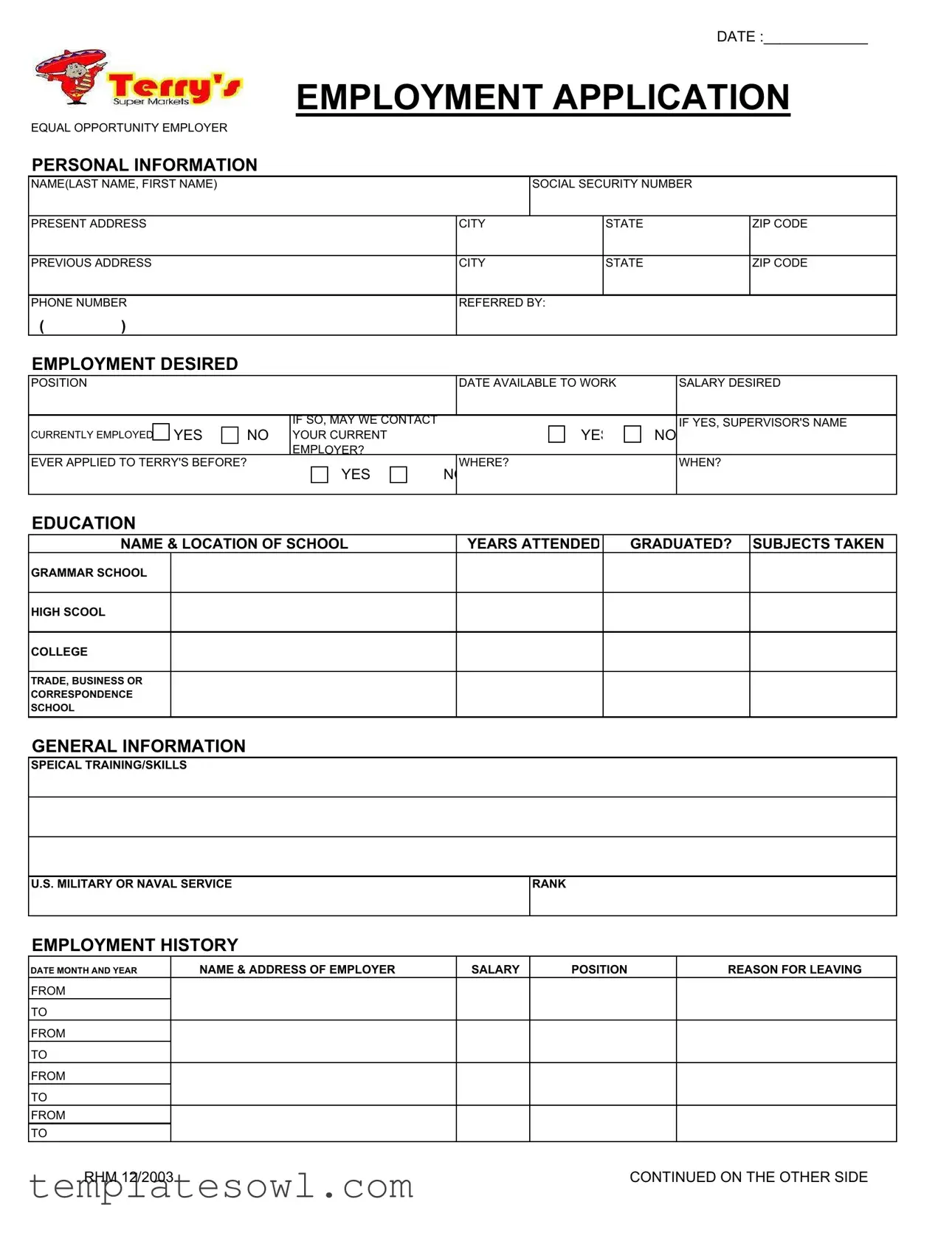 Fill Out Your Terrys Employment Application Form