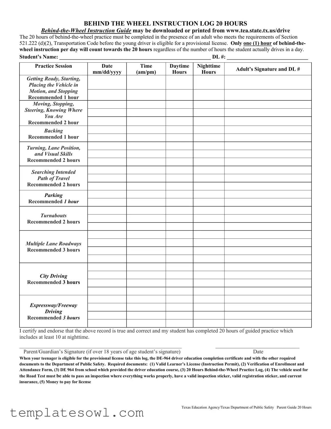 Fill Out Your Texas Dps Driving Log Form