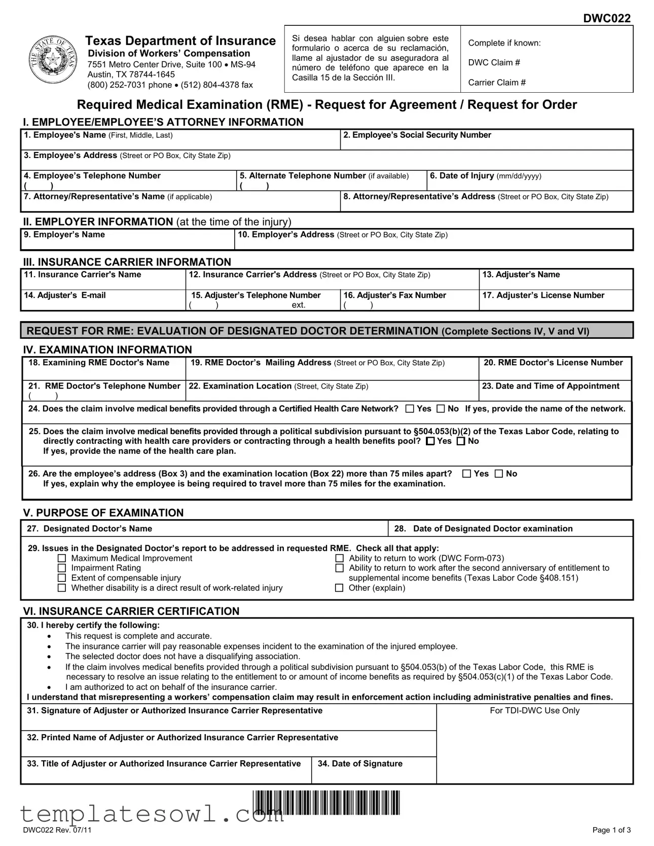 Fill Out Your Texas Dwc022 Form