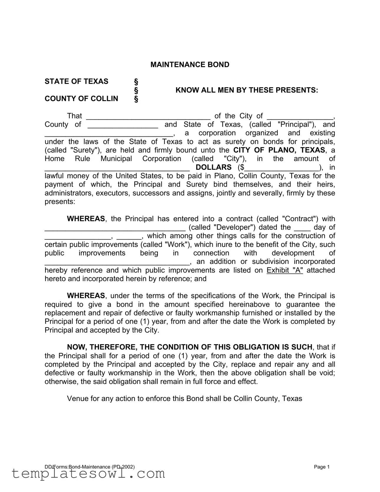 Fill Out Your Texas Maintenance Bond Form