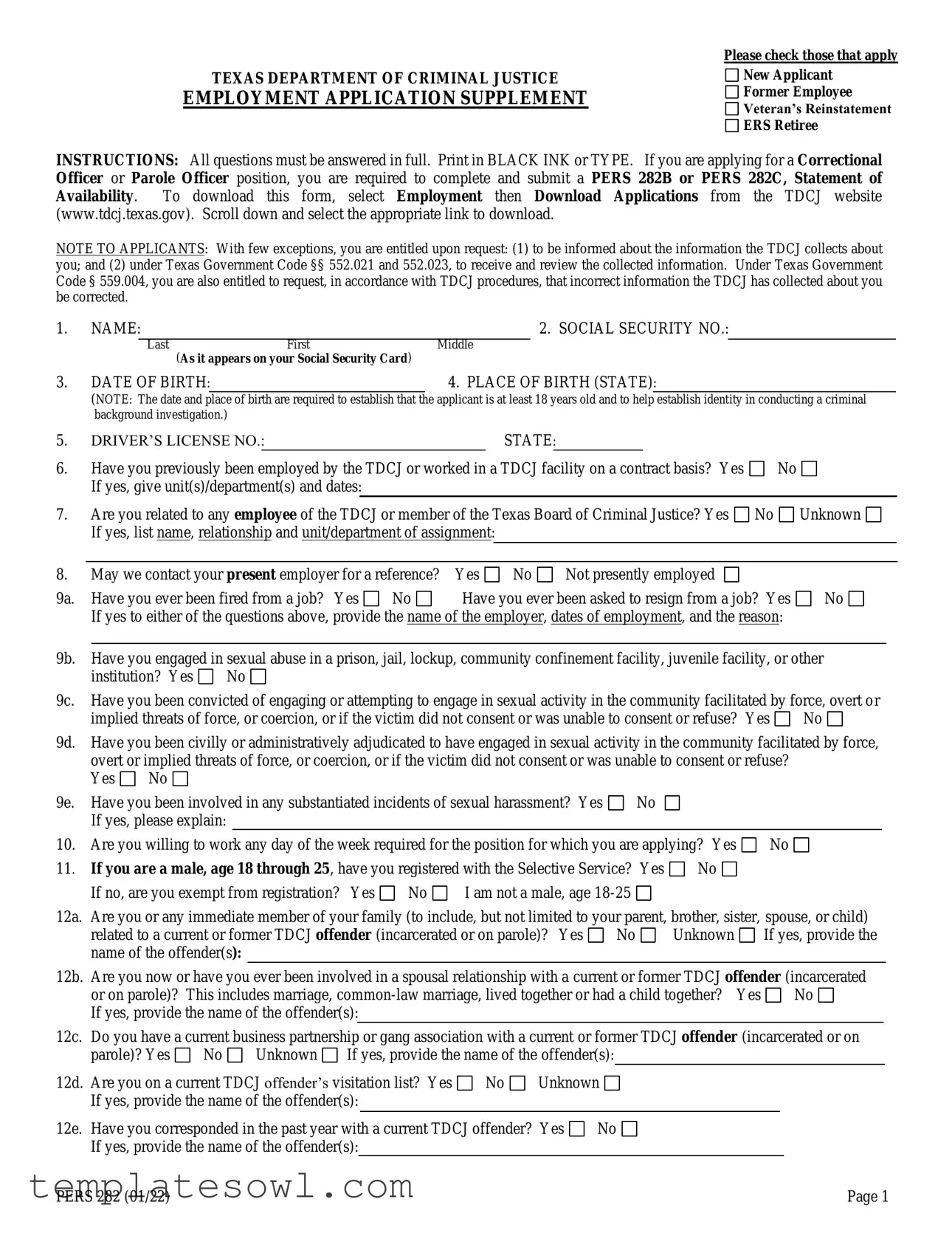 Fill Out Your Texas Pers 282 Form