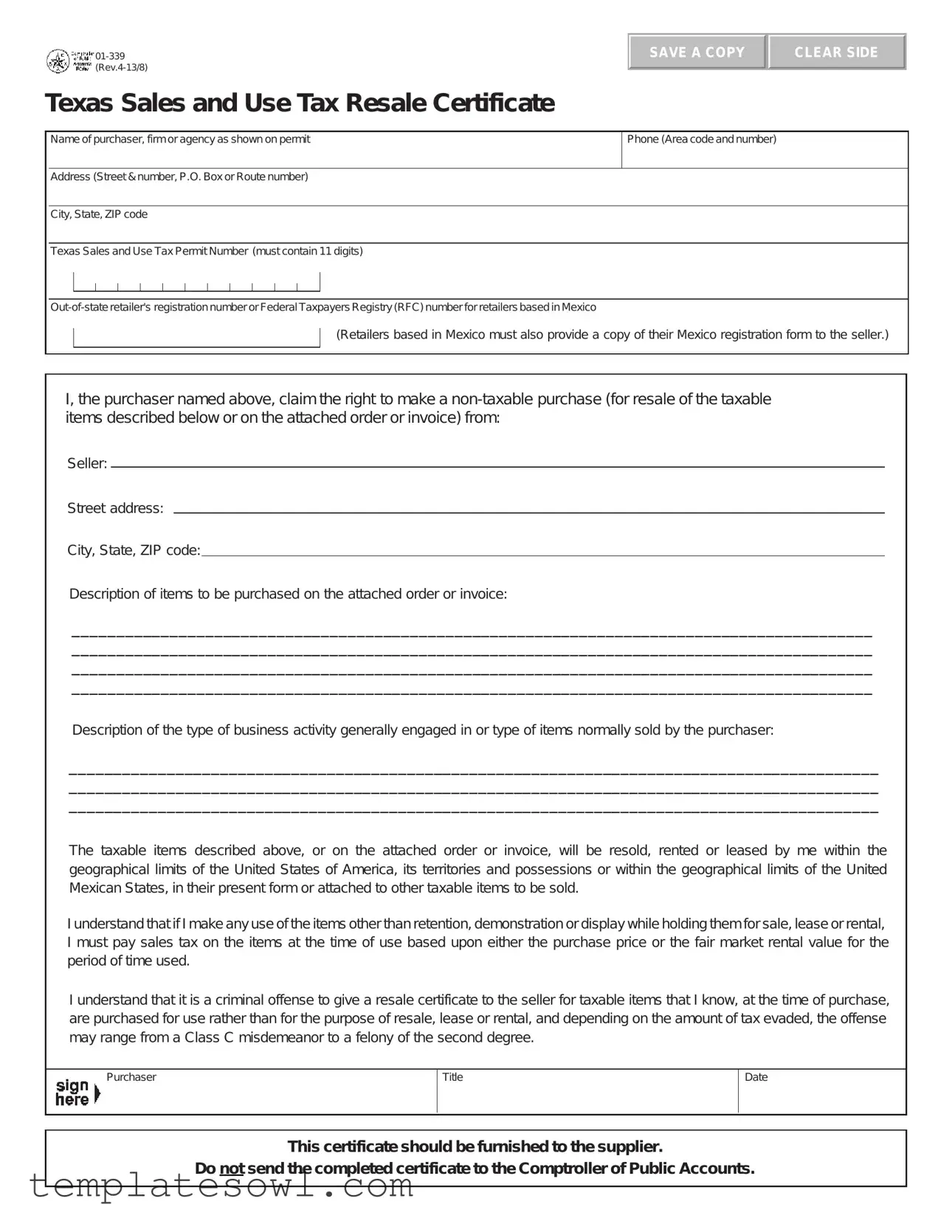 Fill Out Your Texas Resale Certificate 01 339 Form