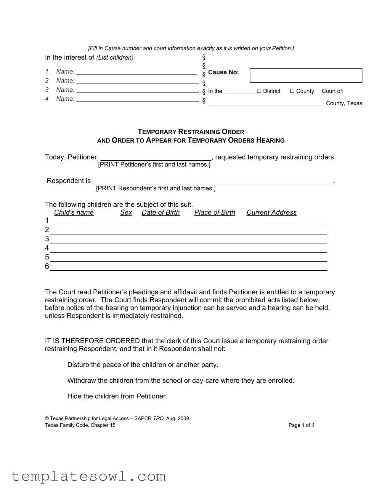 Fill Out Your Texas Temporary Restraining Order Form