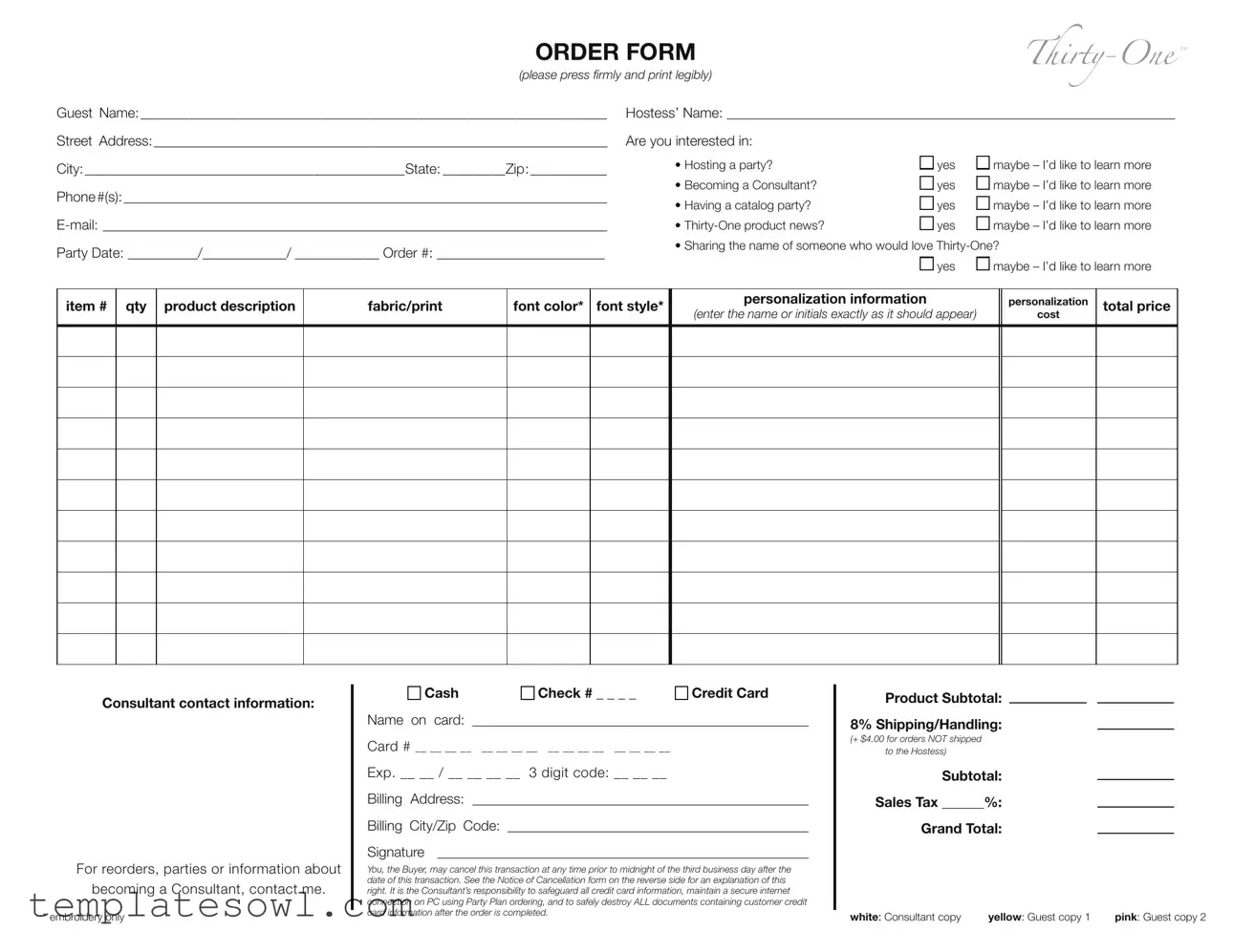 Fill Out Your Thirty Order Form