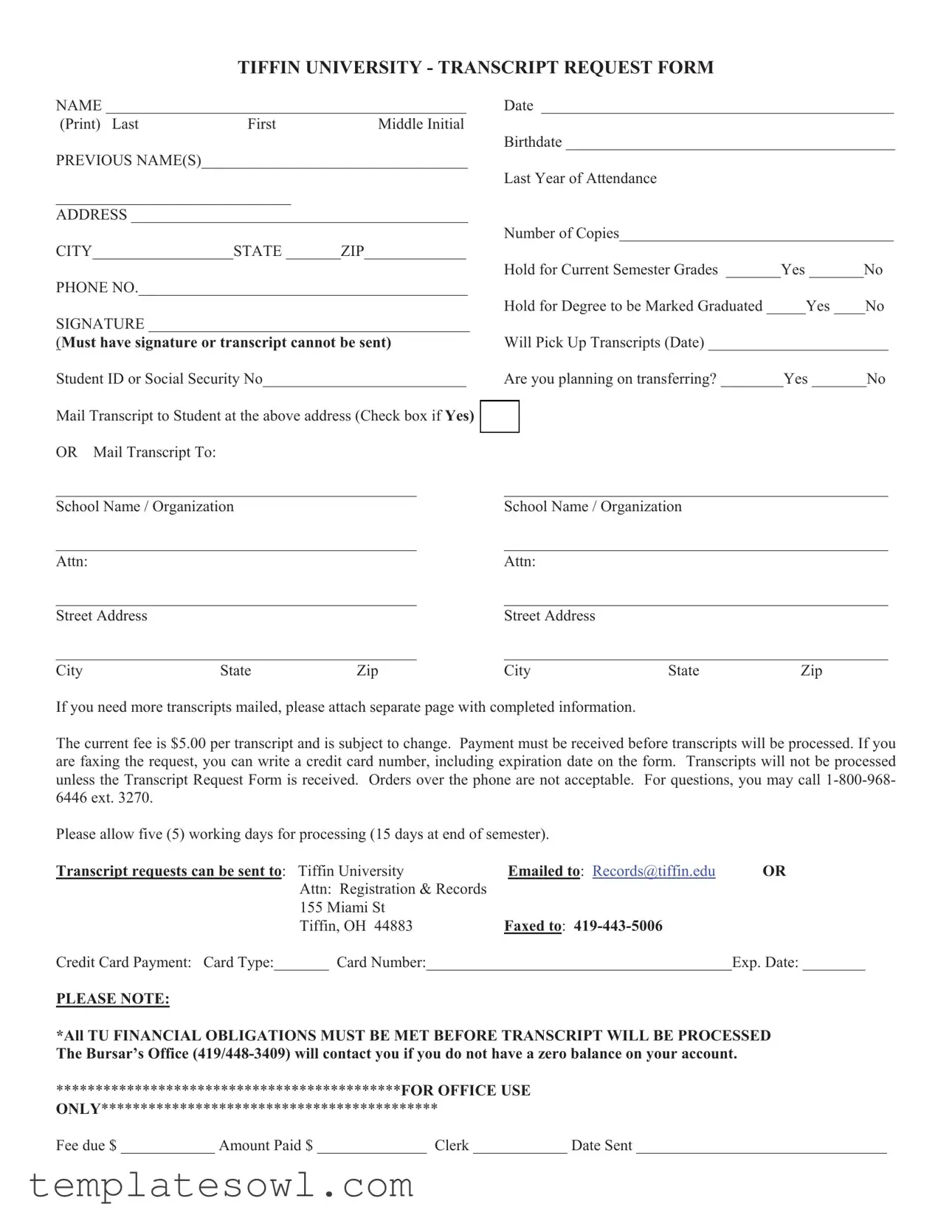 Fill Out Your Tiffin Transcript Request Form