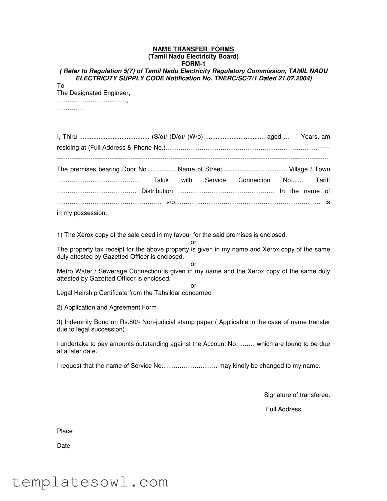 Fill Out Your Tneb Name Transfer Application Form