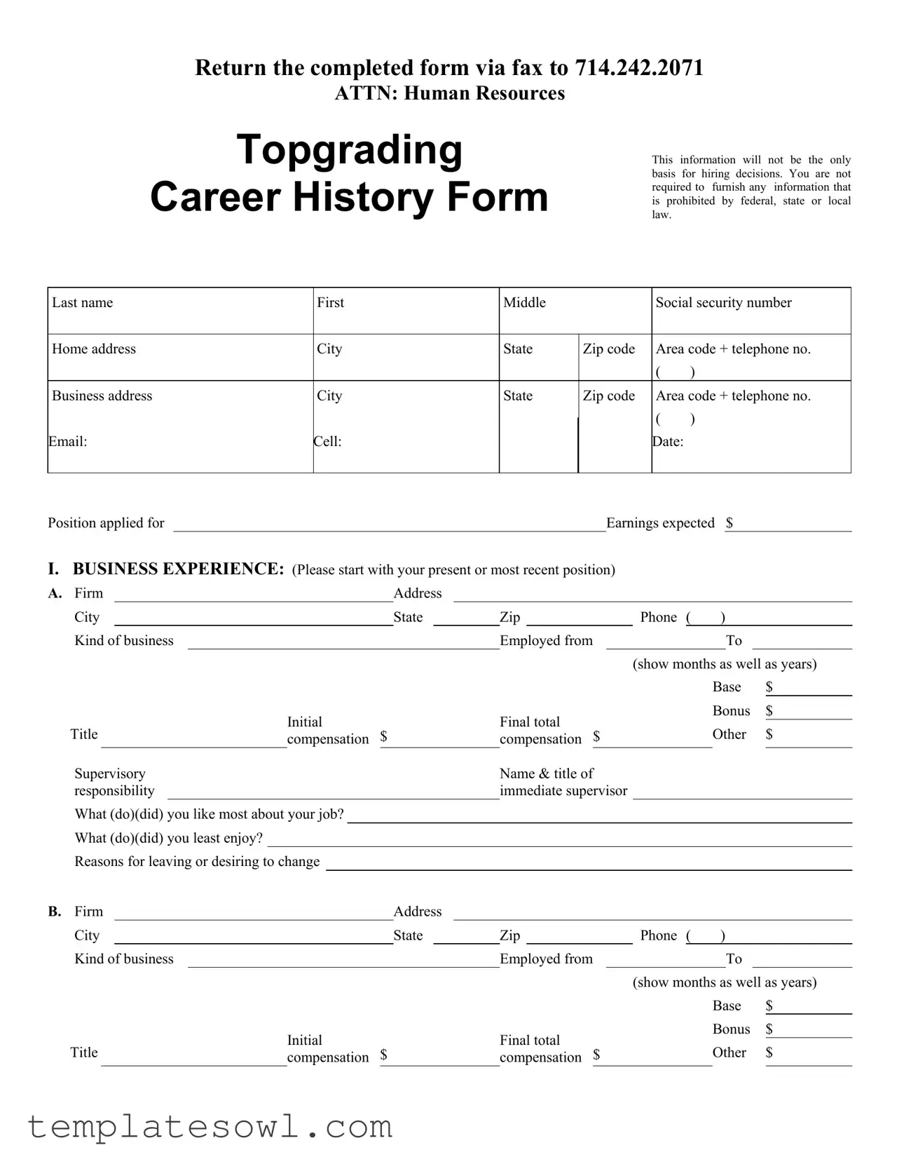 Fill Out Your Topgrading Career History Form