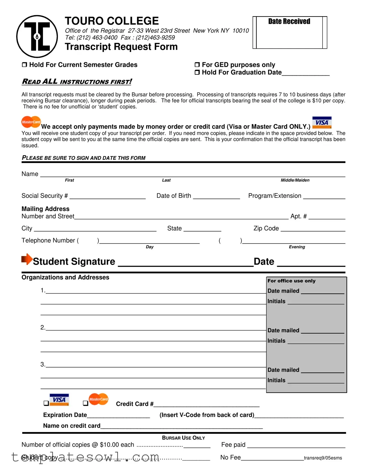 Fill Out Your Touro College Transcript Form
