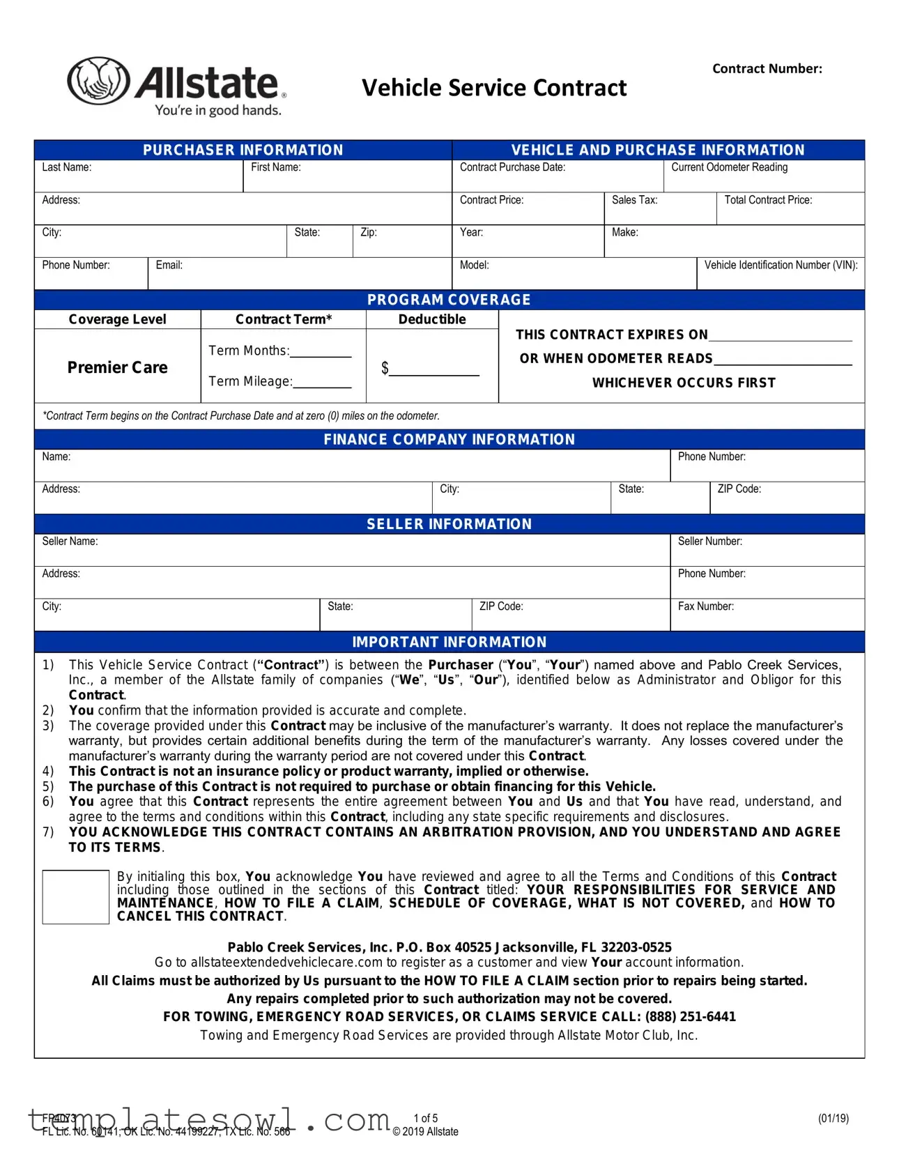 Fill Out Your Towing Contract With Allstate Form