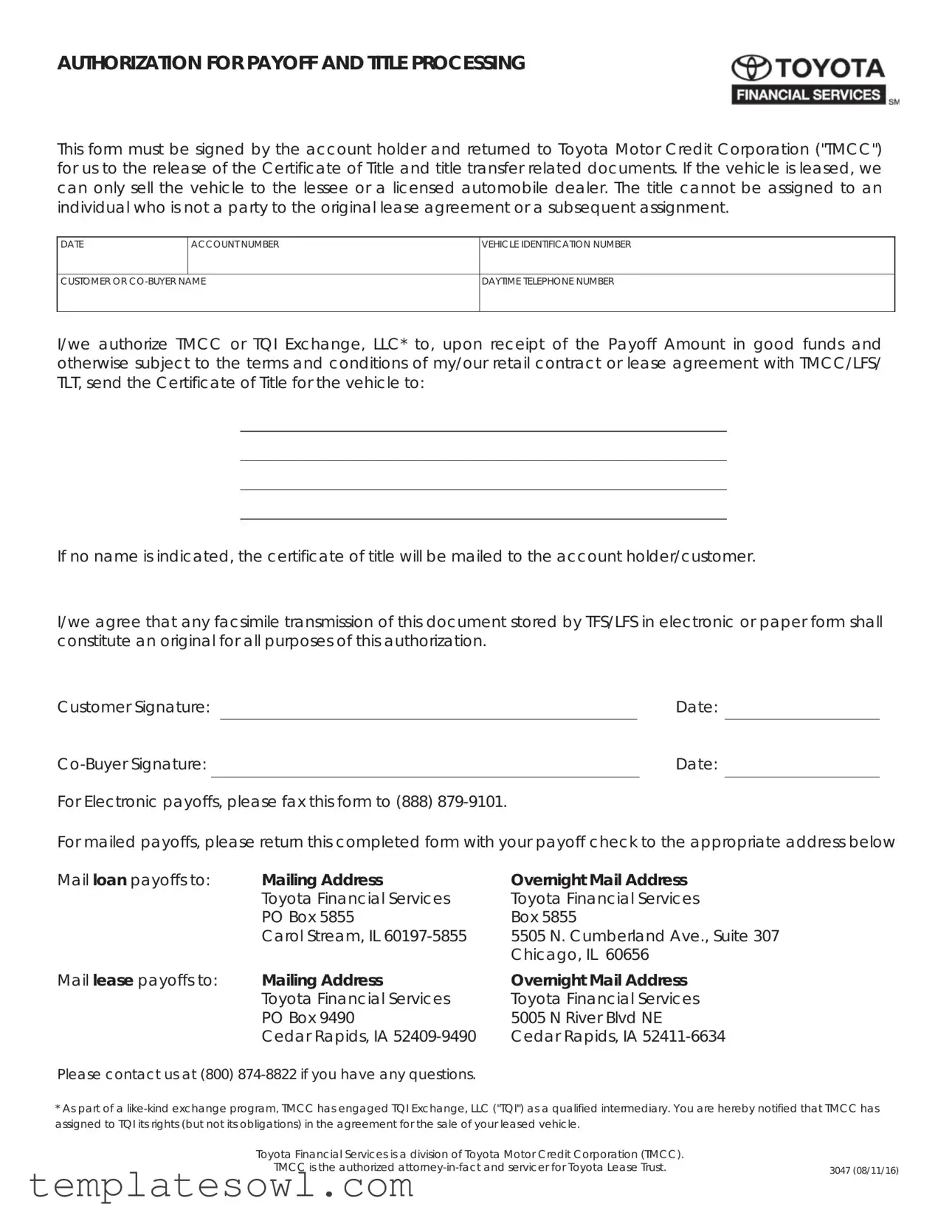 Fill Out Your Toyota Finacial Payoff Form