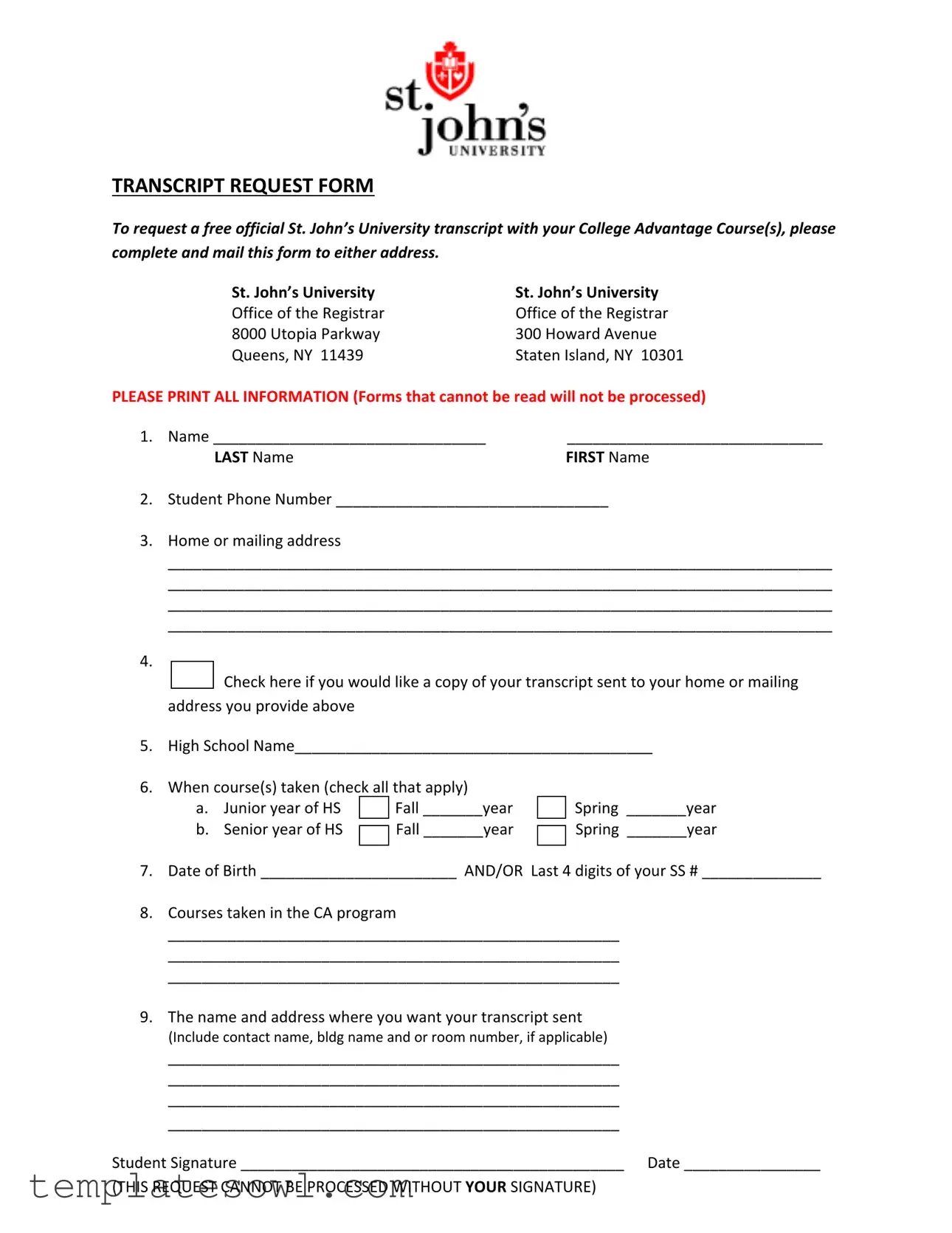 Fill Out Your Transcript Request Johns University Form