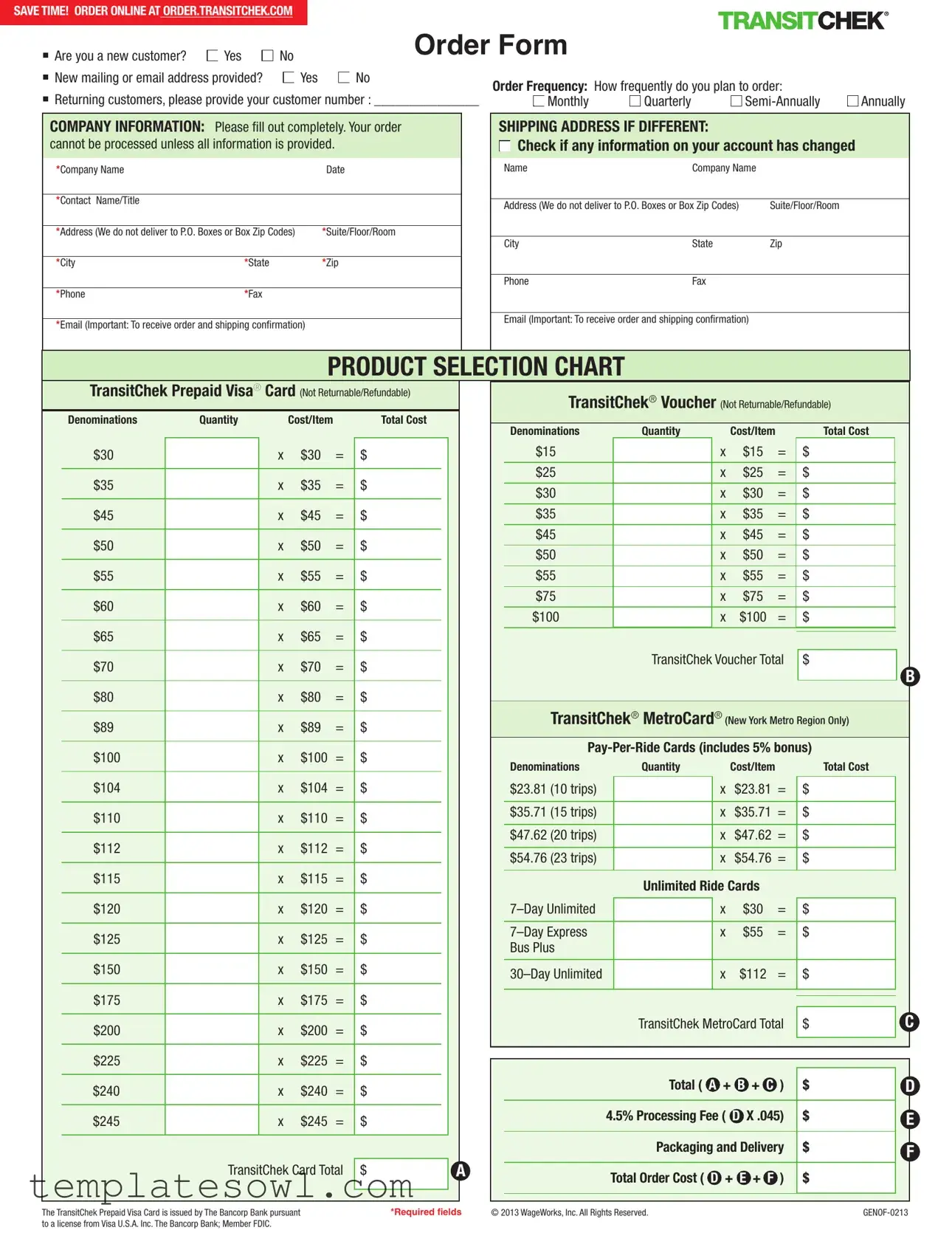 Fill Out Your Transitchek Order Form