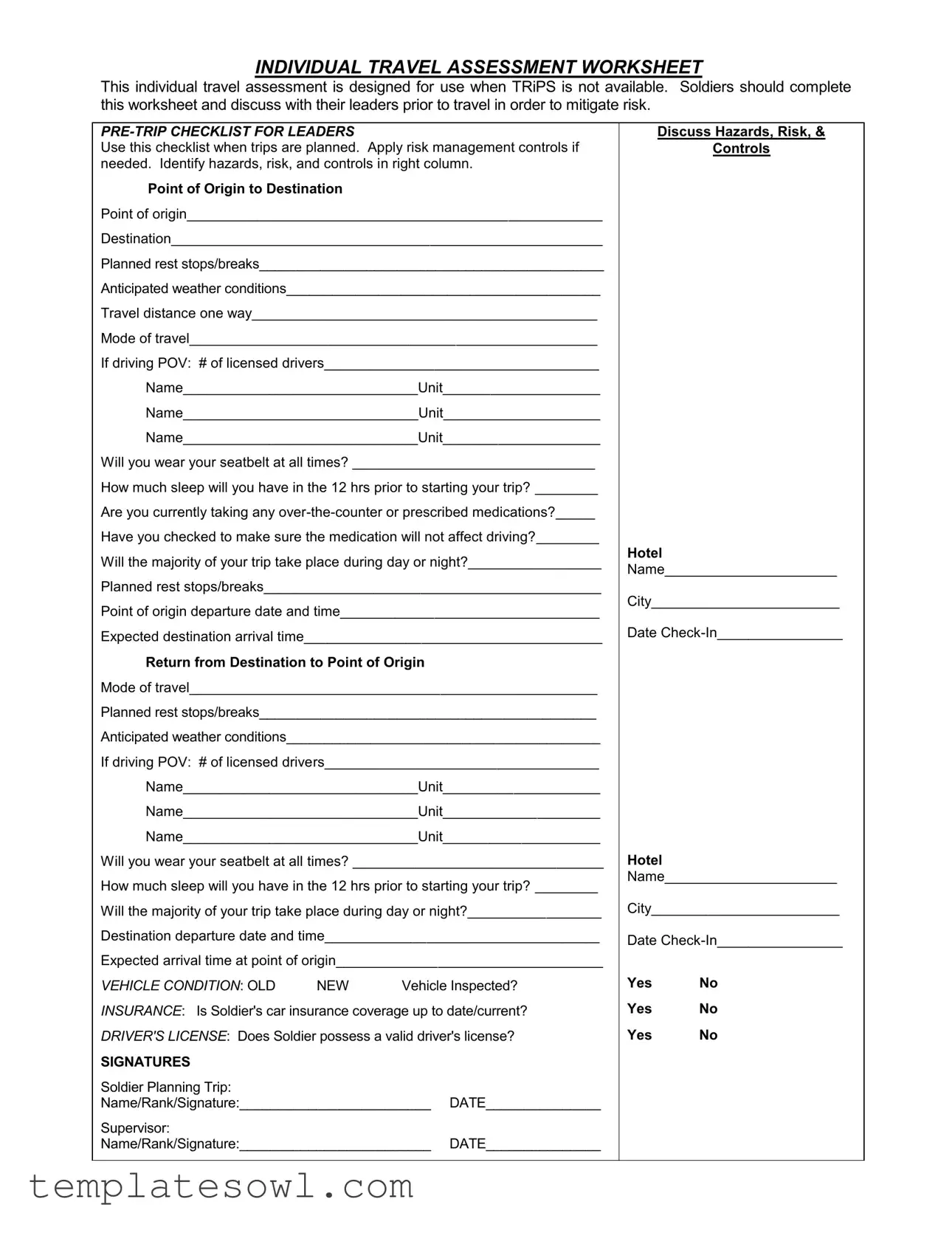 Fill Out Your Travel Assessment Worksheet Form