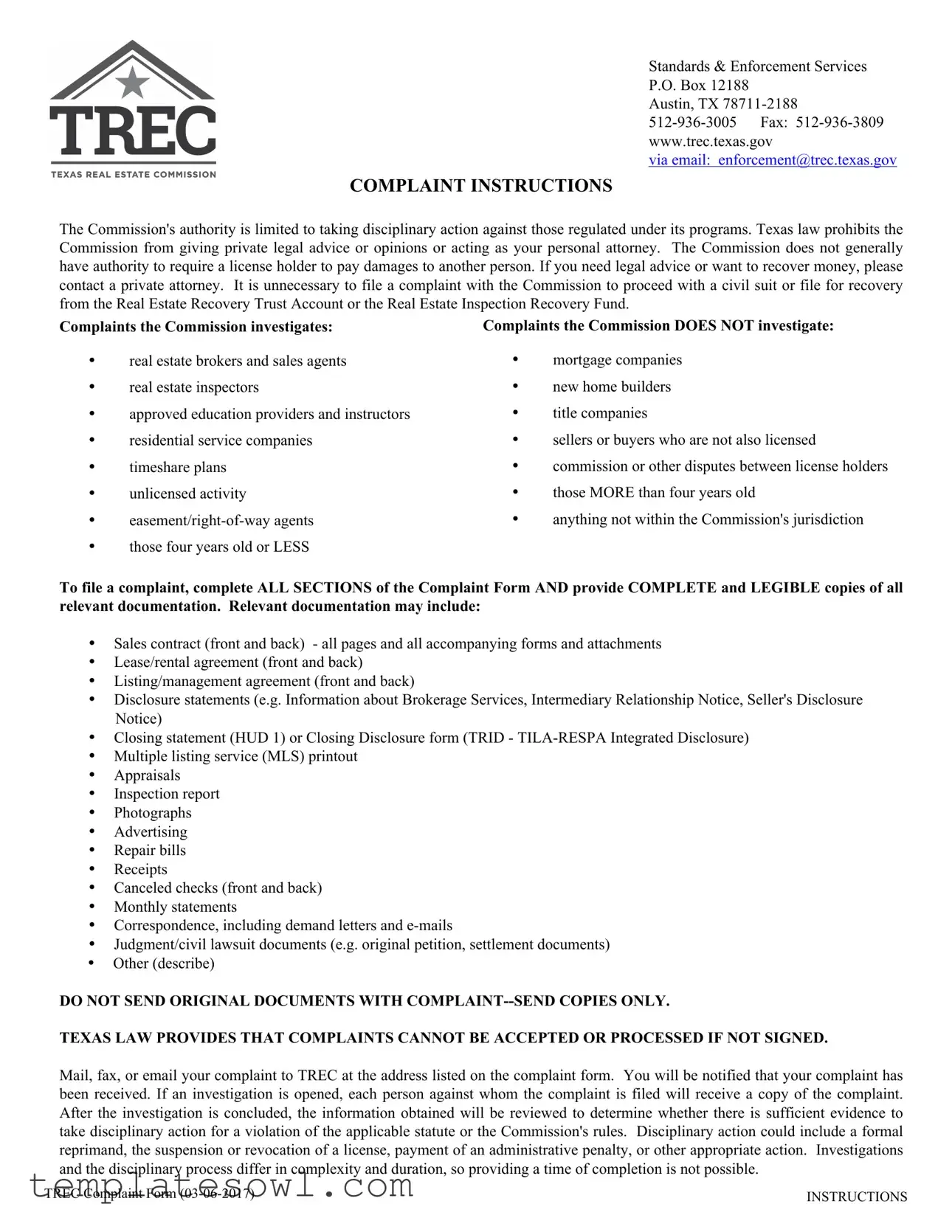 Fill Out Your Trec Complaint Form