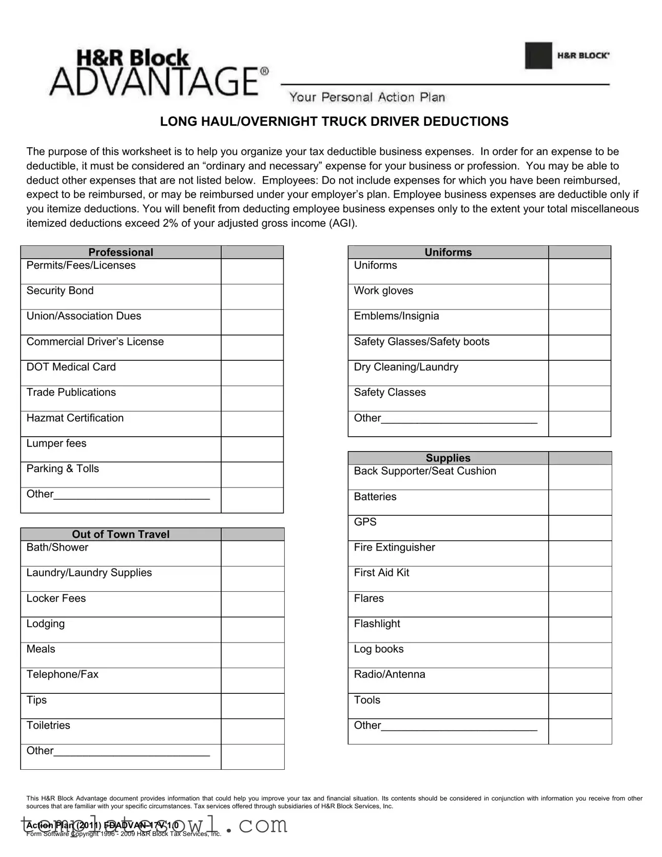 Fill Out Your Truck Driver Expenses Worksheet Form