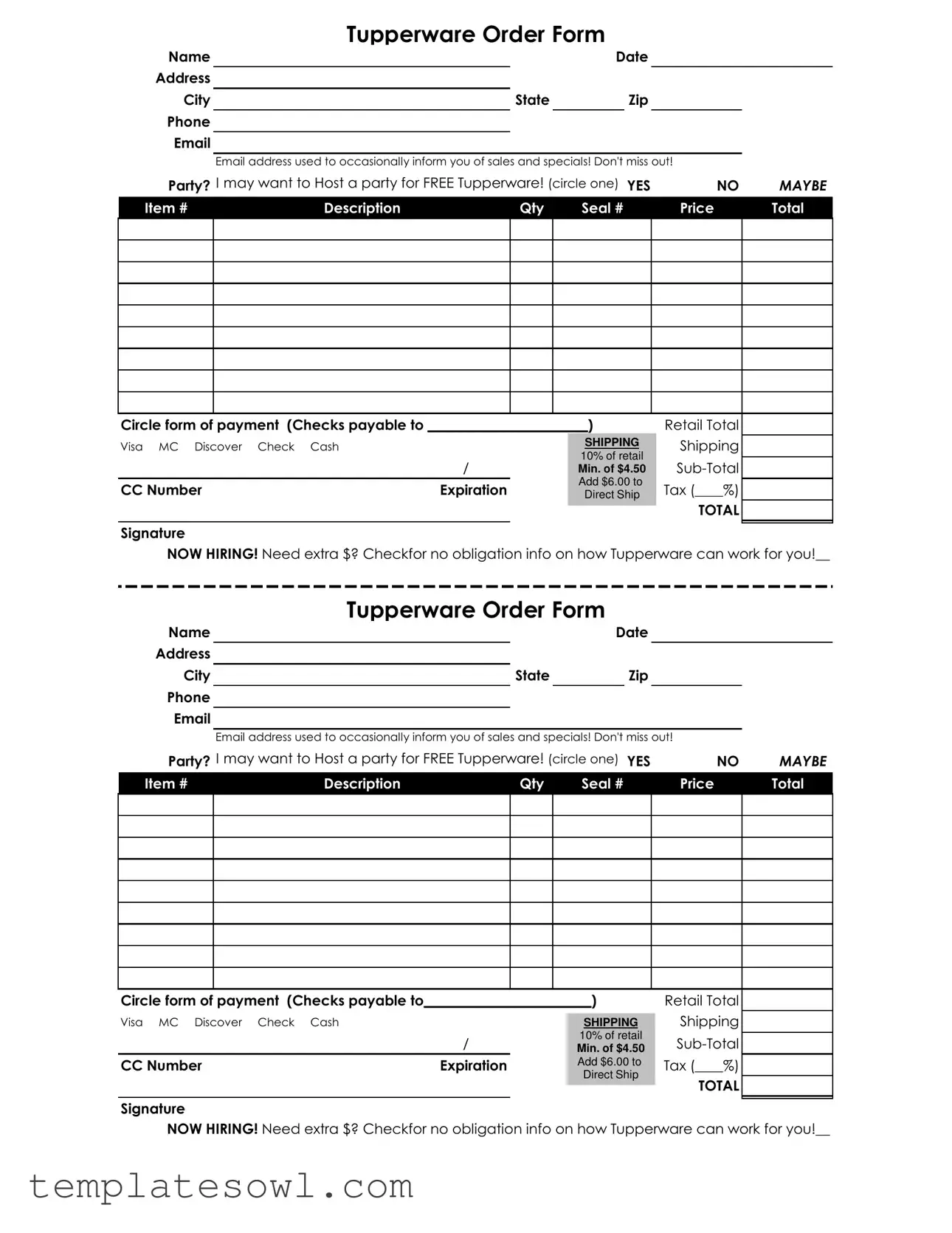Fill Out Your Tupperware Order Form