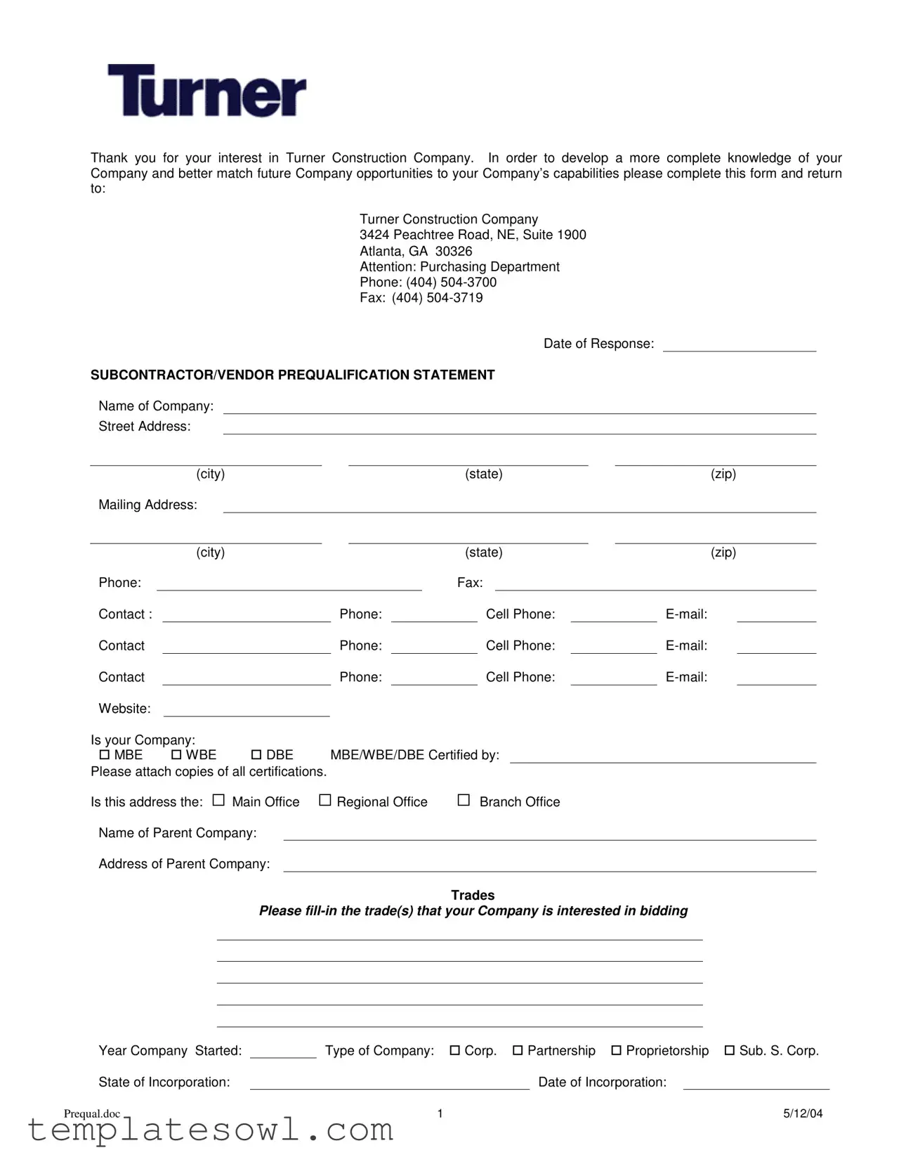 Fill Out Your Turner Prequalification Statement Form