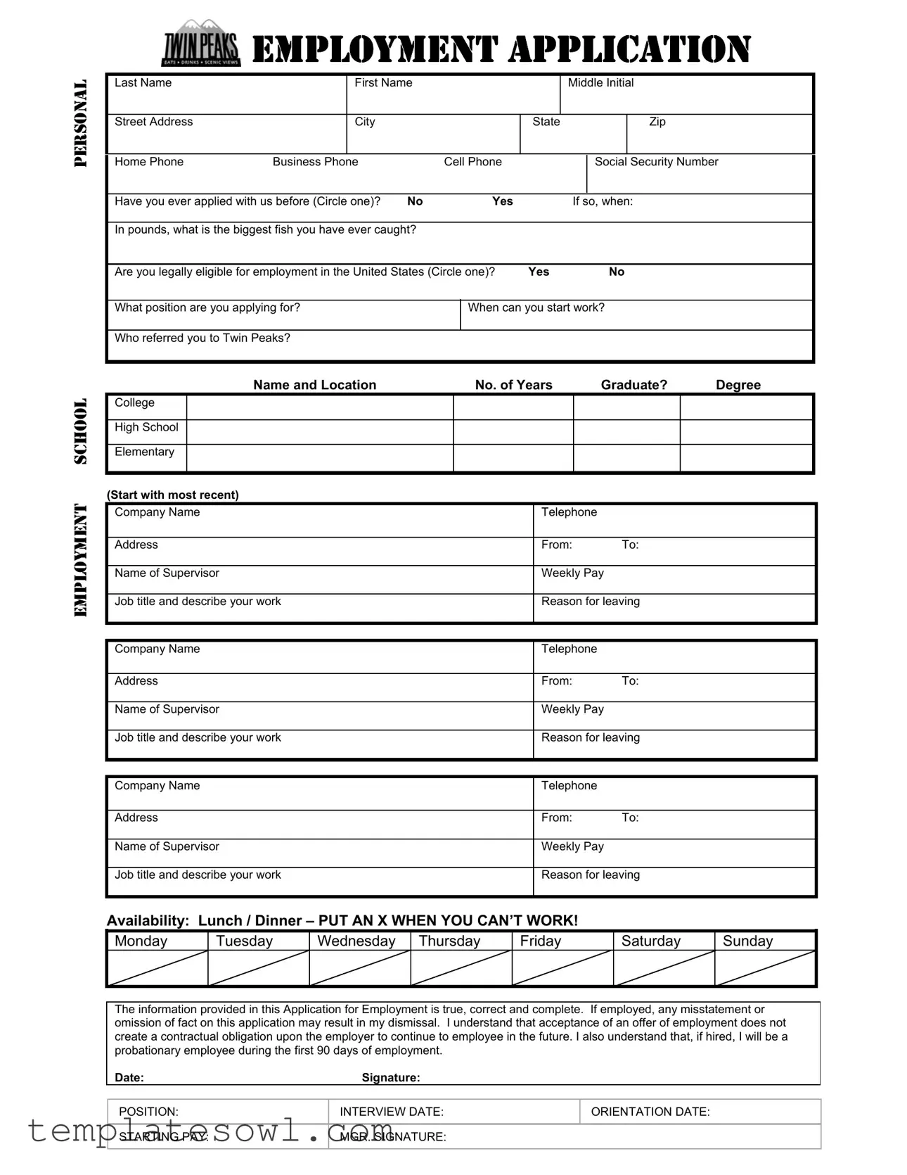 Fill Out Your Twin Peaks Job Application Form