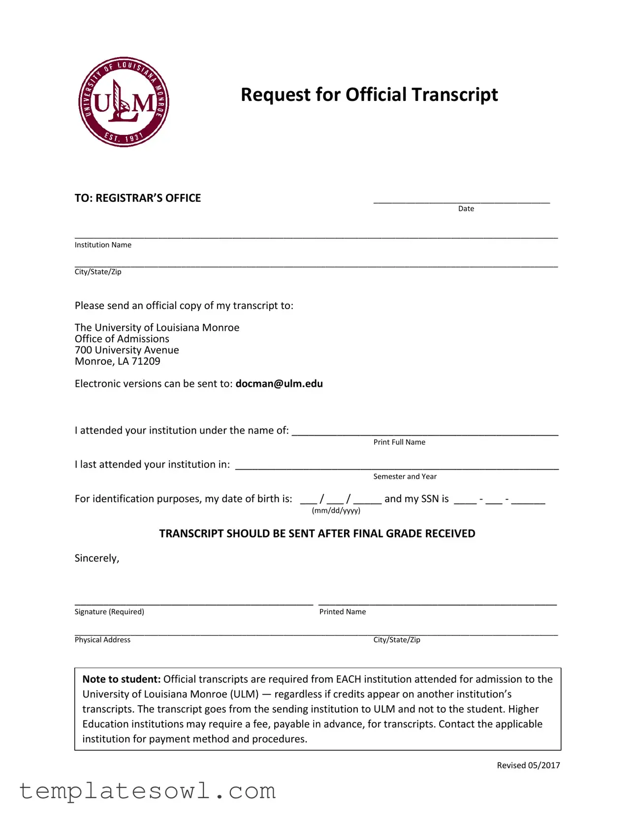 Fill Out Your Ulm Transcript Form