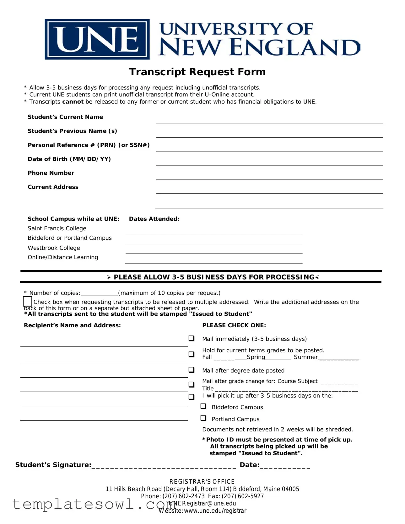 Fill Out Your Une Transcript Request Form