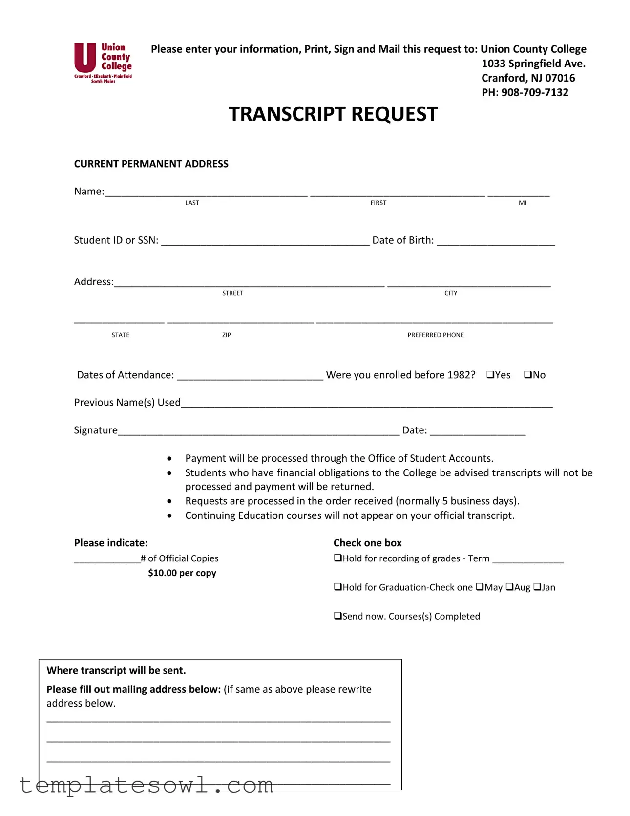 Fill Out Your Union County Transcript Request Form