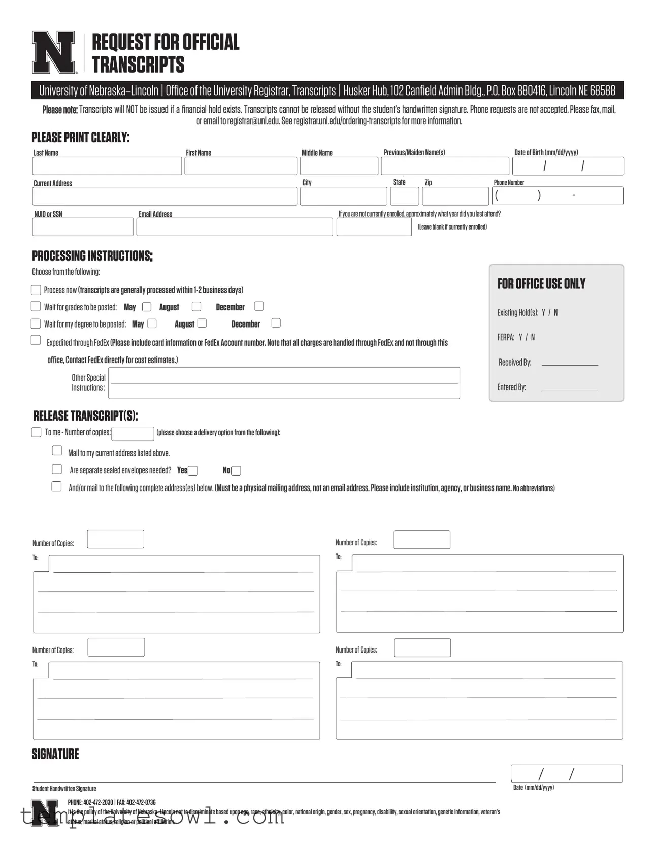 Fill Out Your Unl Transcript Request Form