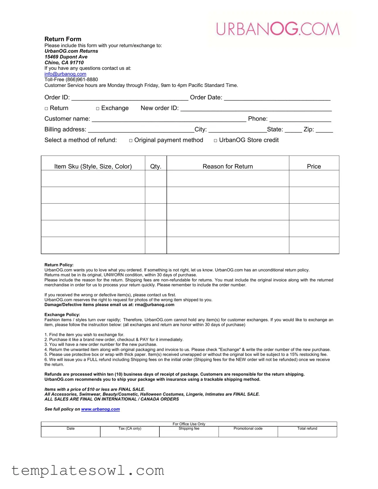 Fill Out Your Urbanog Return Form